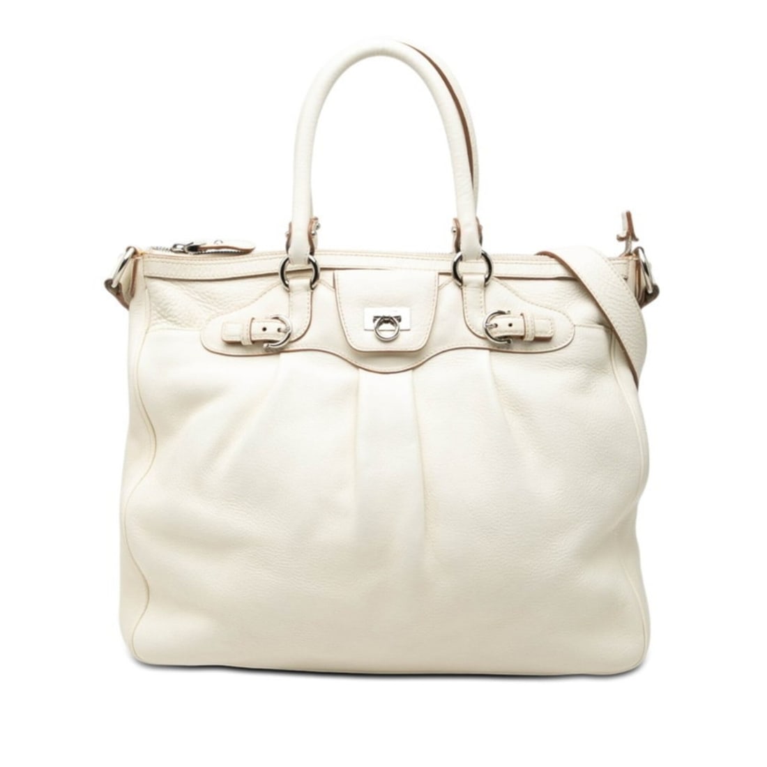Salvatore Ferragamo Gancini Tote Bag Shoulder AU217416 White Leather Women's: --- Catalog ---Category: SizeStrap Drop: 49cm / 19.29''Handle Drop: 13.00cm / 5.12''Size (HxWxD): 31cm x 37cm x 8.5cm / 12.2'' x 14.56'' x 3.34''Category: DesignType: Shoulder bag, Tote bagColor: Whit