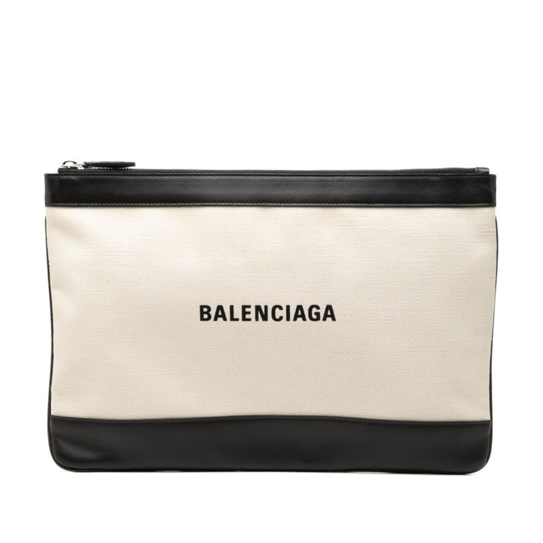 Balenciaga Navy Clip M Clutch Bag, Second 420407, Beige/Black Canvas/Leather, Women's, BALENCIAGA: --- Catalog ---Category: SizeSize (HxWxD): 23cm x 32cm x 1cm / 9.05'' x 12.59'' x 0.39''Category: DesignType: Clutch bagColor: Beige, BlackGender: WomenClosure: ZipperMaterial: Canvas , Leather Catego