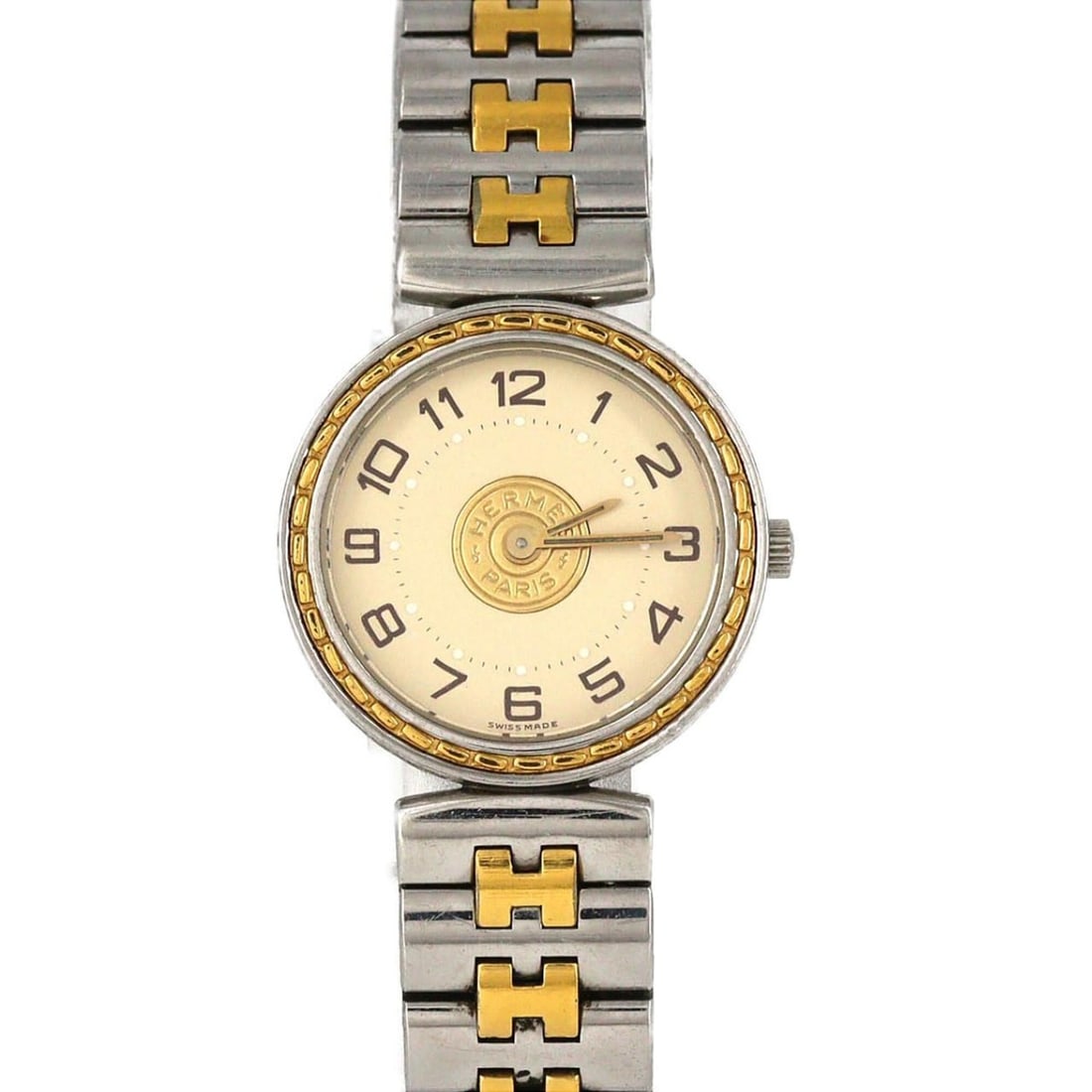 Hermes Sellier Combination SSxGP Quartz Watch: --- Catalog ---Category: SizeWrist Size: 16.5cm / 6.49''Case Diameter: 24mm / 0.94''Category: DesignType: WristwatchGender: WomenColor (Dial): IvoryMaterial (Band): Gold plated, Stainless steelMateria