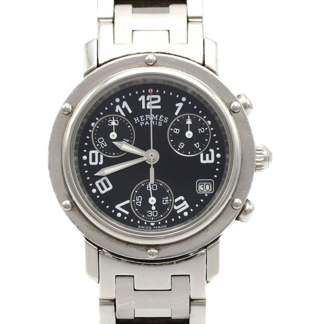 Hermes Clipper Chronograph CL1.310 SS Quartz Watch: --- Catalog ---Category: SizeWrist Size: 16.5cm / 6.49''Case Diameter: 31mm / 1.22''Category: DesignType: WristwatchGender: WomenColor (Dial): BlackMaterial (Band): Stainless steelMaterial (Case): Sta