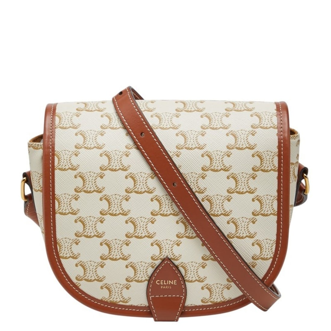 Celine Triomphe Crossbody Shoulder Bag, Ivory Brown Leather, Women's CELINE: --- Catalog ---Category: SizeStrap Drop: 52.5cm / 20.66''Size (HxWxD): 17cm x 18.5cm x 7cm / 6.69'' x 7.28'' x 2.75''Category: DesignType: Shoulder bagColor: Brown, IvoryGender: WomenClosure: BeltMate