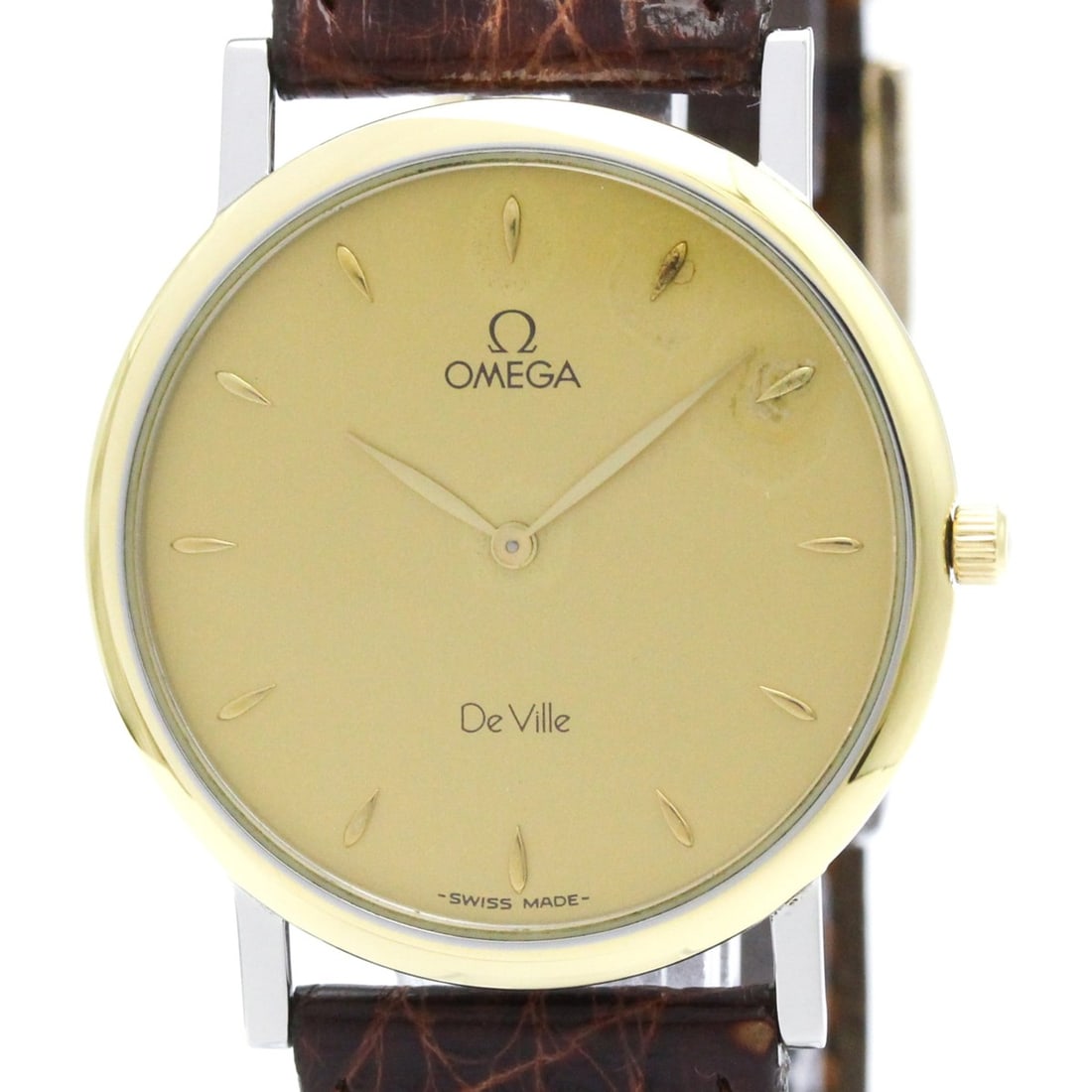 OMEGA De Ville Prestige Quartz Gold Plated Mens Watch 7400.11 Polished: --- Catalog ---Category: SizeCase Diameter: 32mm / 1.26''Category: DesignType: WristwatchStyle: Dress/FormalGender: MenColor (Dial): GoldMaterial (Band): LeatherMaterial (Case): Gold plated, Stainless