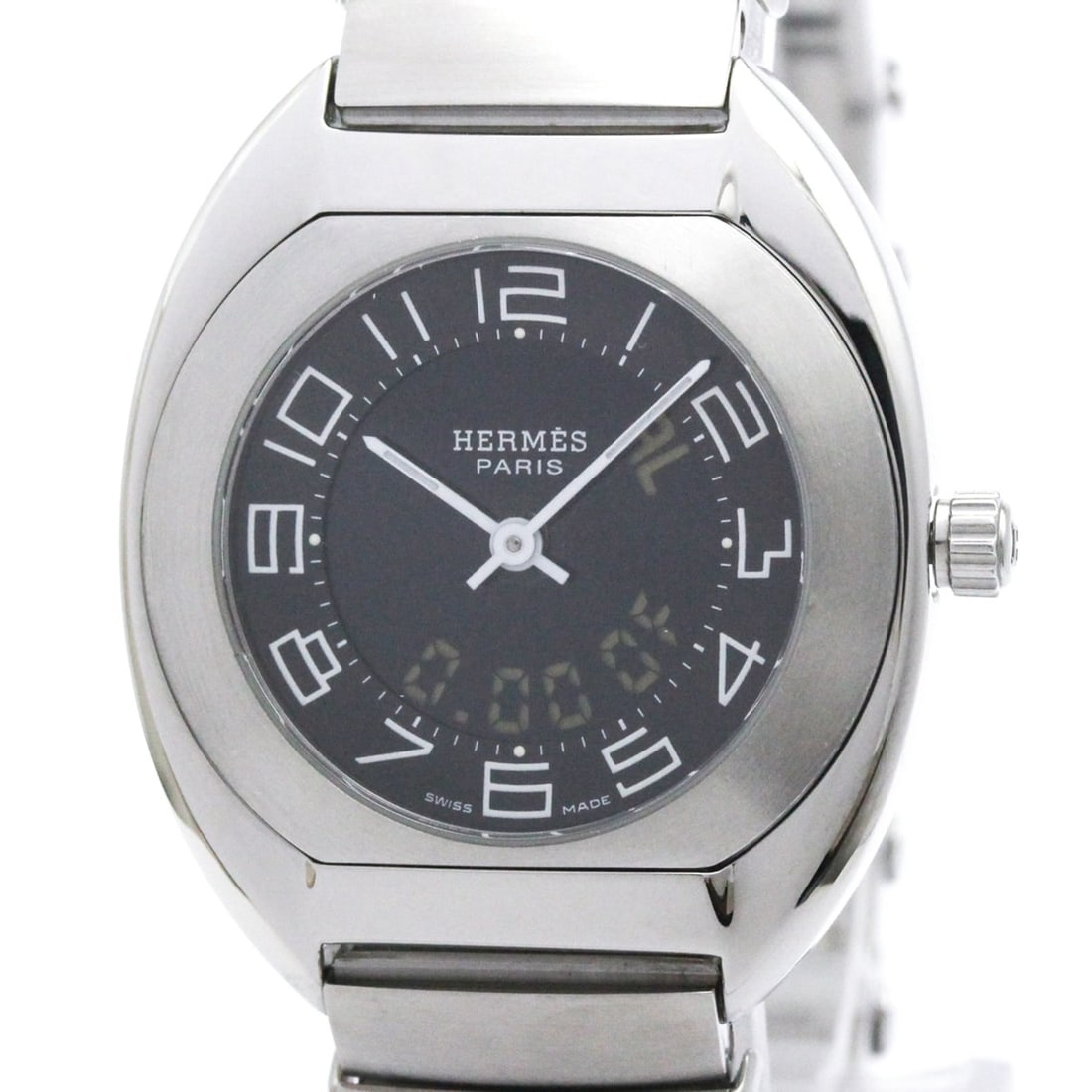 HERMES Espace Stainless Steel Quartz Ladies Watch ES1.210 Polished: --- Catalog ---Category: SizeCase Diameter: 31mm / 1.22''Category: DesignType: WristwatchStyle: Dress/FormalGender: WomenColor (Dial): BlackMaterial (Band): Stainless steelMaterial (Case): Stainless s