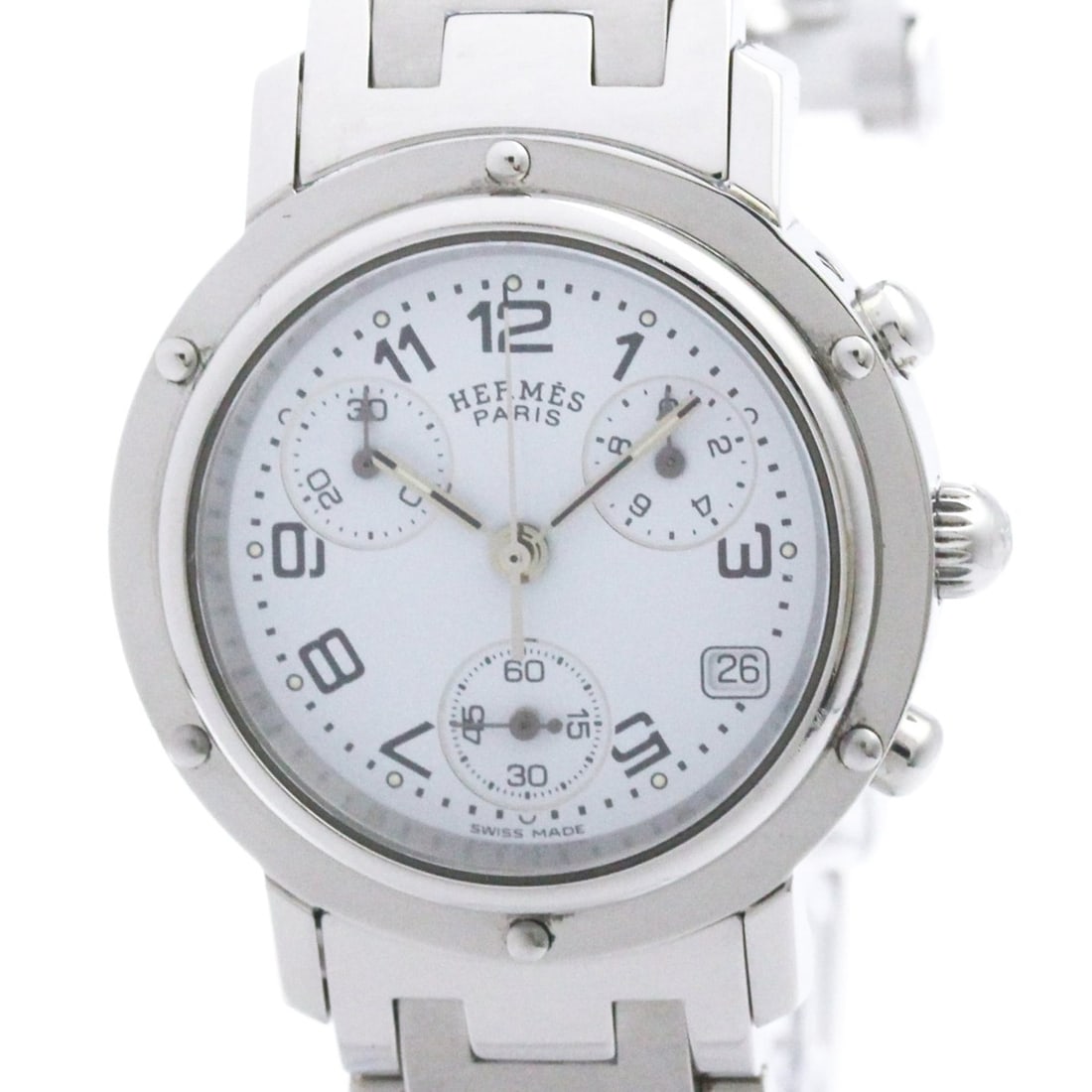 HERMES Clipper Chronograph Steel Quartz Ladies Watch CL1.310 Polished: --- Catalog ---Category: SizeCase Diameter: 31mm / 1.22''Category: DesignType: WristwatchStyle: Dress/FormalGender: WomenColor (Dial): WhiteMaterial (Band): Stainless steelMaterial (Case): Stainless s