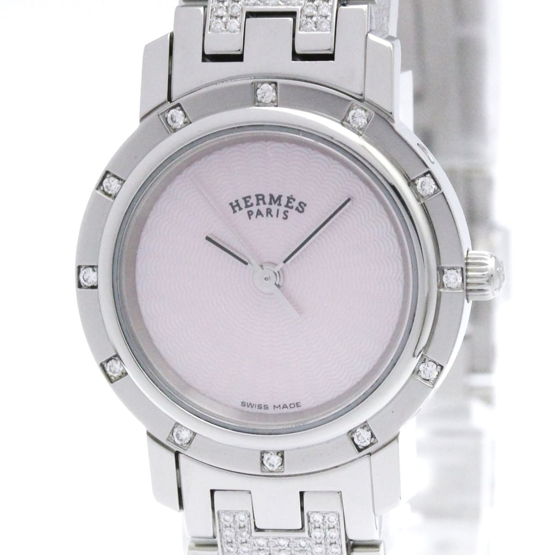 HERMES Clipper Diamond Pink MOP Quartz Ladies Watch CL4.230 Polished: --- Catalog ---Category: SizeCase Diameter: 23mm / 0.91''Category: DesignType: WristwatchStyle: Dress/FormalGender: WomenColor (Dial): Pink shellMaterial (Band): Stainless steelMaterial (Case): Stainl