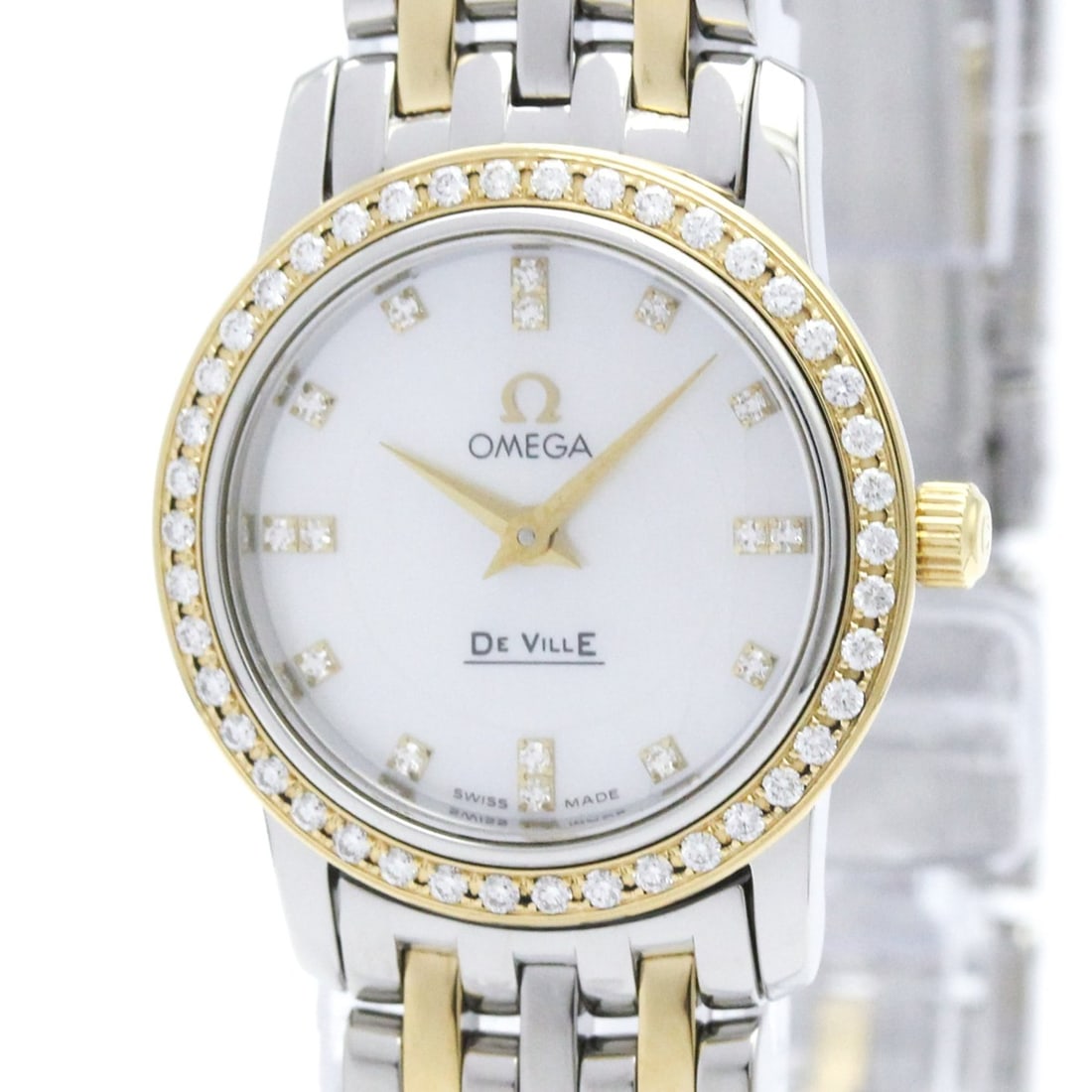 OMEGA De Ville Prestige Diamond MOP Dial 18K Gold Steel Watch 4375.75 Polished: --- Catalog ---Category: SizeCase Diameter: 22mm / 0.87''Category: DesignType: WristwatchStyle: Dress/FormalGender: WomenColor (Dial): White shellMaterial (Band): Stainless steel, Yellow gold (18K)Mat