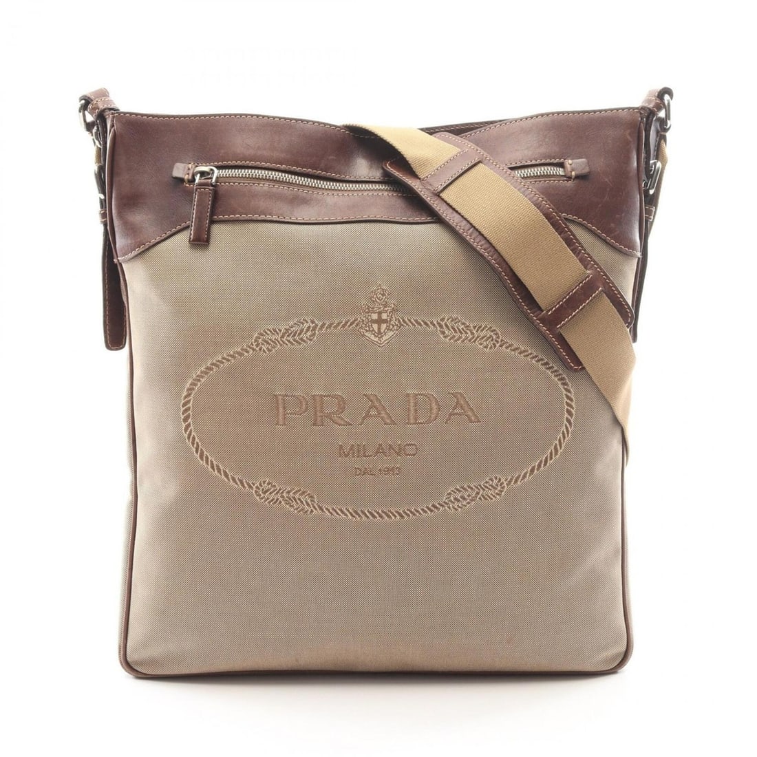Prada LOGO JACQUARD Shoulder Bag/Handbag, Canvas and Leather, Women's, Beige/Brown: --- Catalog ---Category: SizeSize (HxWxD): 42cm x 37cm x 3cm / 16.53'' x 14.56'' x 1.18''Category: DesignType: Handbag, Shoulder bagColor: Beige, BrownGender: WomenMaterial: Canvas , Leather Category: