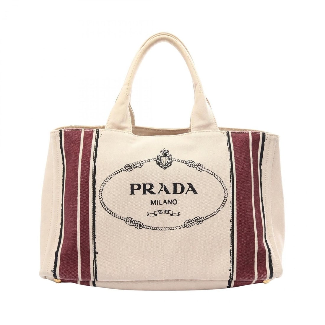 Prada Canapa Tote Bag/Handbag, Canvas, Women's, Beige, Bordeaux, Black: --- Catalog ---Category: SizeSize (HxWxD): 24cm x 40.5cm x 25cm / 9.44'' x 15.94'' x 9.84''Category: DesignType: Handbag, Tote bagColor: Beige, Black, BordeauxGender: WomenMaterial: Canvas Category: G