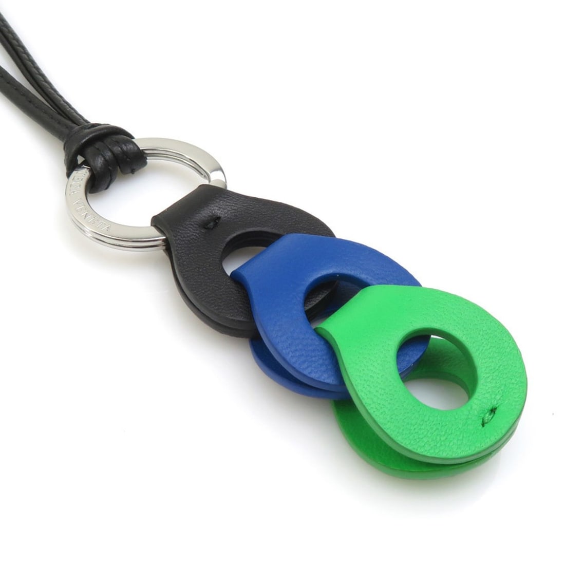 Bottega Veneta neck strap key ring, leather, metal, black, blue, green, men's and women's, e62024c: --- Catalog ---Category: SizeSize (HxWxD): 9cm x 3cm / 3.54'' x 1.18''Category: DesignType: KeyringColor: Black, Blue, GreenGender: Men,WomenMaterial: Leather, MetalCategory: GeneralBrand: Bottega