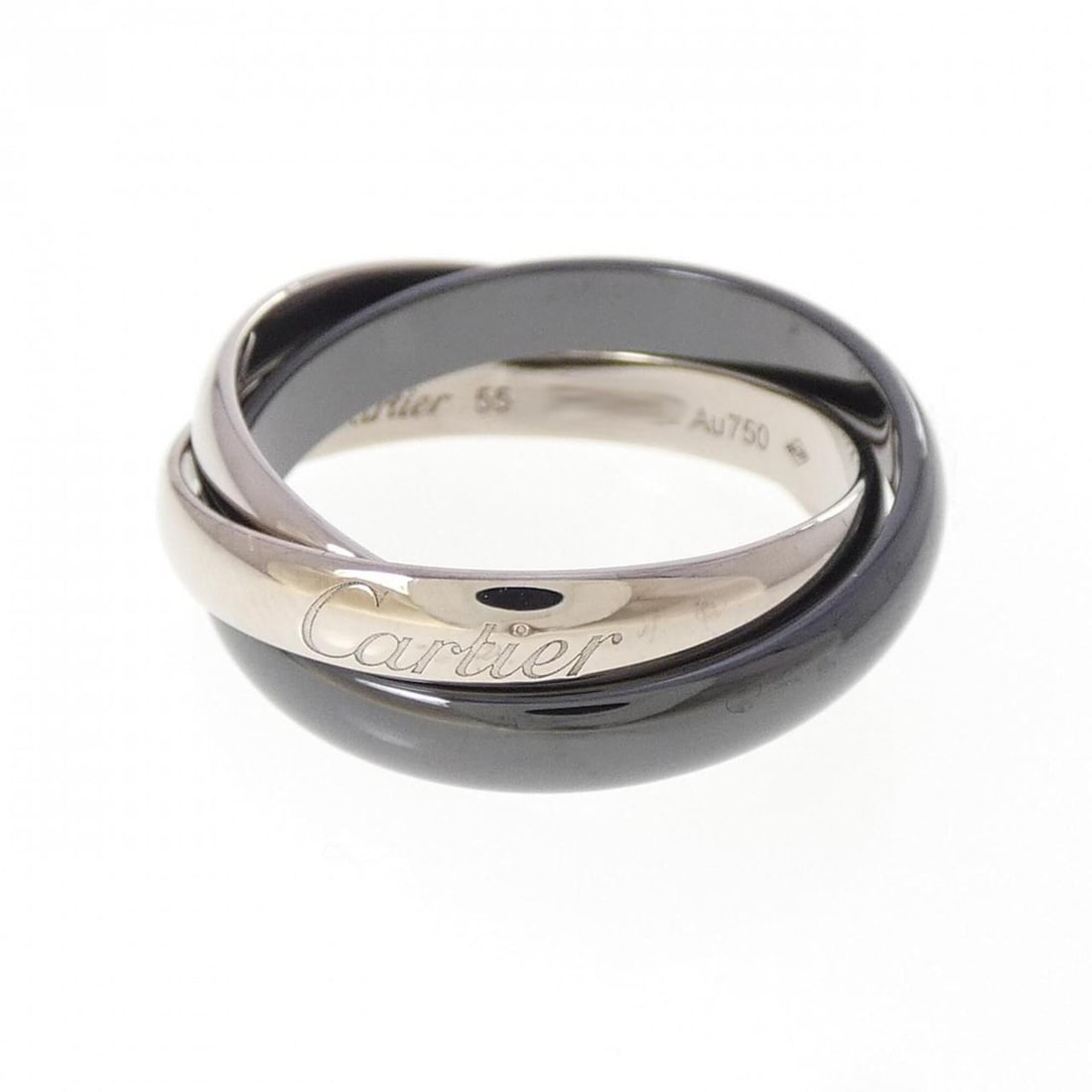 Cartier Trinity Black & White Ring: --- Catalog ---Category: SizeUS Size: 7.5Brand Size: 55Category: DesignType: Band ringColor: Black, White goldGender: Women,MenMaterial: Ceramic, White gold (18K)Category: GeneralMPN: B4095600Brand: