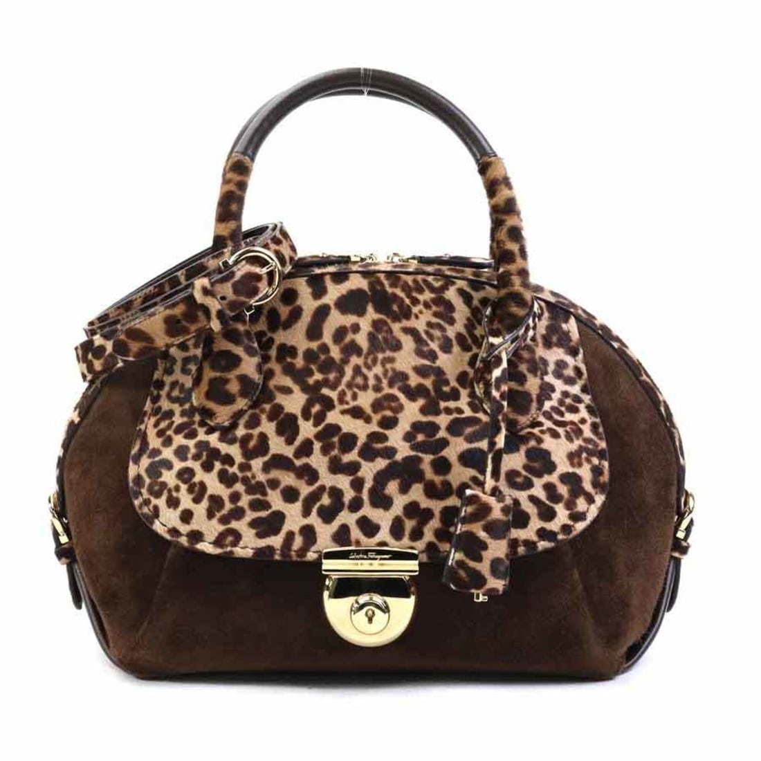 Salvatore Ferragamo handbag/shoulder bag, leopard print, suede, calfskin, brown, gold, women's,: --- Catalog ---Category: SizeSize (HxWxD): 22cm x 25cm x 11.5cm / 8.66'' x 9.84'' x 4.52''Category: DesignType: Handbag, Shoulder bagColor: BrownGender: WomenMaterial: Suede , Leather Leather/Fur Type