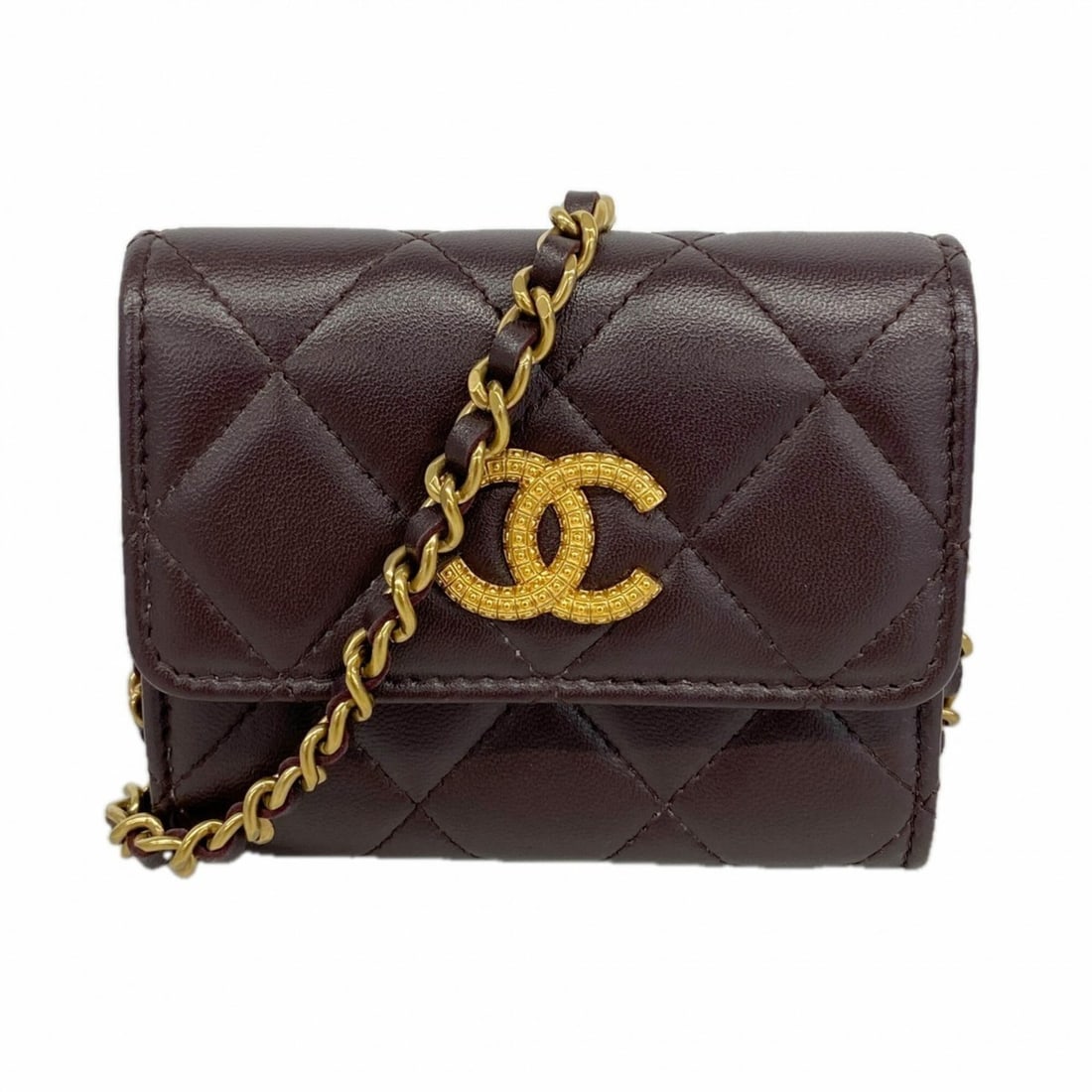 Chanel Matelassé Chain Shoulder Wallet, Lambskin, Dark Brown, Women's, OP008899 (1 of 10)