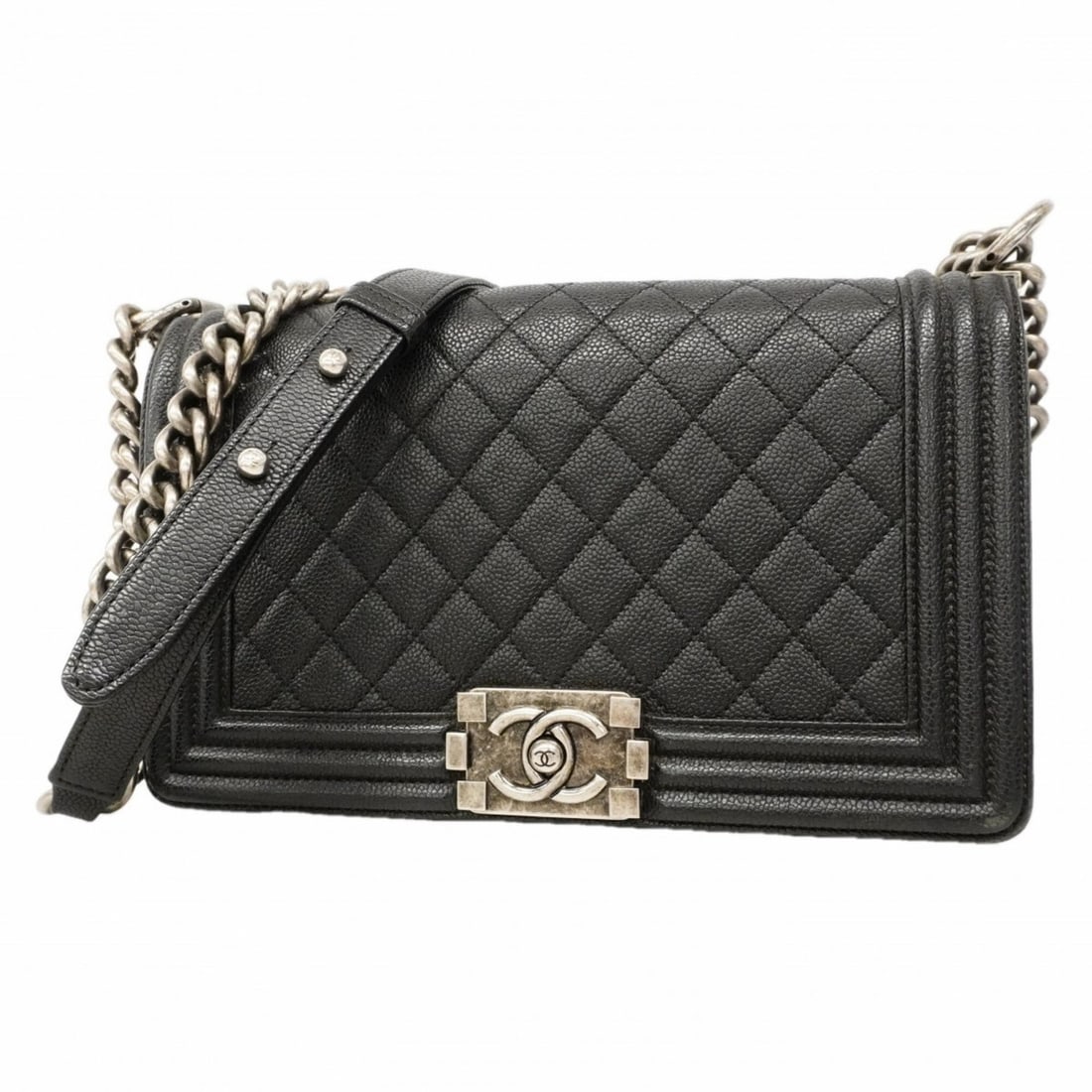 Chanel Boy Chain Shoulder Bag, Caviar Leather, Black, Women's OP006524: --- Catalog ---Category: SizeSize (HxWxD): 15cm x 24cm x 6.5cm / 5.9'' x 9.44'' x 2.55''Category: DesignType: Shoulder bagColor: BlackGender: WomenMaterial: Grained Calfskin Hardware Color: SilverCate