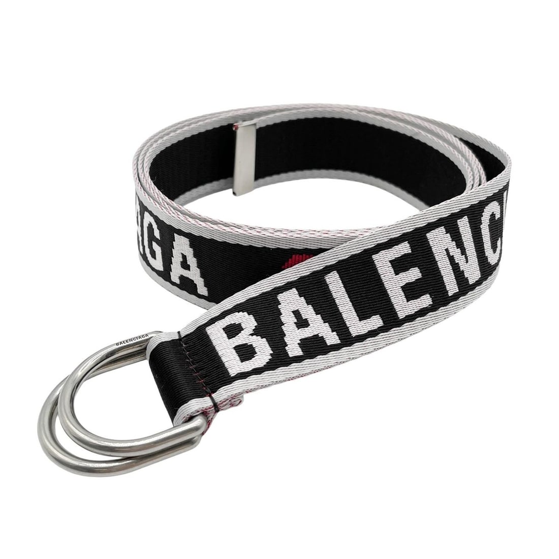 BALENCIAGA Logo Webbing D-Ring Belt (703137210AA1063) Polyester Black Men's: --- Catalog ---Category: SizeLength: 155cm / 61.02''Category: DesignType: Ring beltColor: Black, Red color, WhiteGender: MenEmbellishment: AbrasionMaterial (Strap): Polyester Category: GeneralMPN: 703