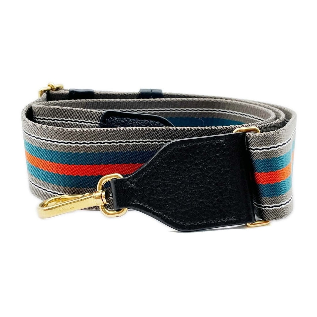 PRADA Striped Shoulder Strap Canvas Leather Gold Men's Women's: --- Catalog ---Category: SizeSize (HxWxD): 114cm x 4.5cm / 44.88'' x 1.77''Category: DesignType: StrapColor: Blue, Gold, GrayGender: Men,WomenMaterial: Canvas, LeatherCategory: GeneralBrand: Prada--- 