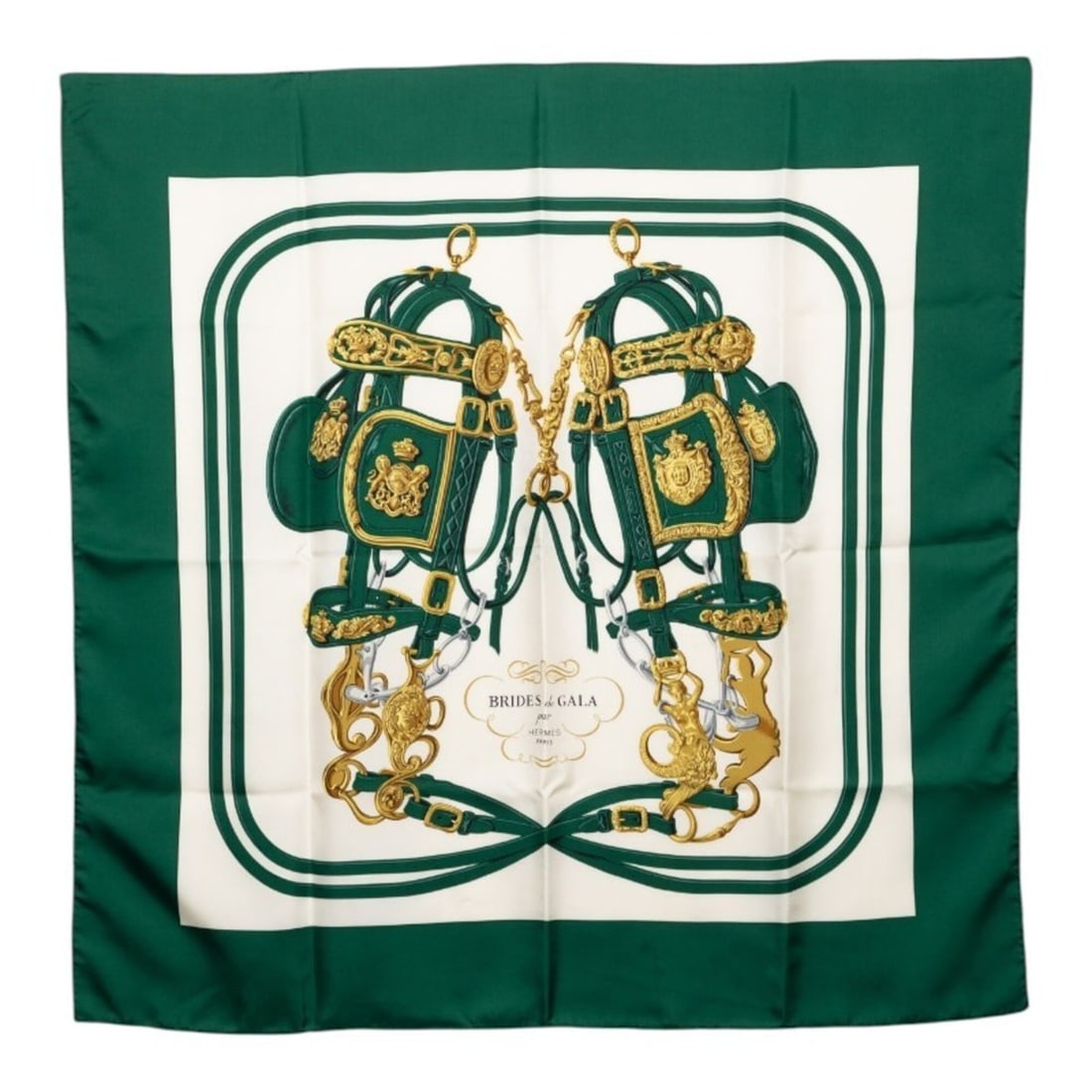 Hermes Carre 90 BRIDES de GALA Ceremonial Bridle Scarf/Muffler, Large Size, Green/Multicolor Silk,: --- Catalog ---Category: SizeSize (LxW): 88cm x 89cm / 34.64'' x 35.03''Category: DesignType: ScarfColor: Green, Multi-colorGender: WomenMaterial: Silk Category: GeneralBrand: Hermes--- Item List ---S