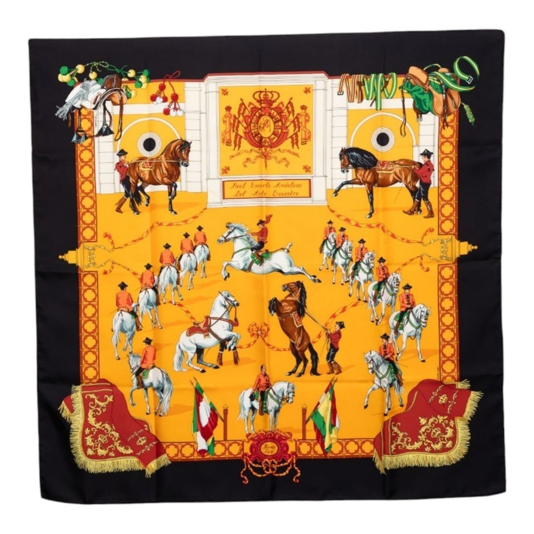 Hermes Carre 90 Real Escuela Andaluza del Arte (Royal Equestrian School of Andalusia) Scarf, Large,: --- Catalog ---Category: SizeSize (LxW): 88cm x 90cm / 34.64'' x 35.43''Category: DesignType: ScarfColor: Multi-colorGender: WomenMaterial: Silk Category: GeneralBrand: Hermes--- Item List ---Section: