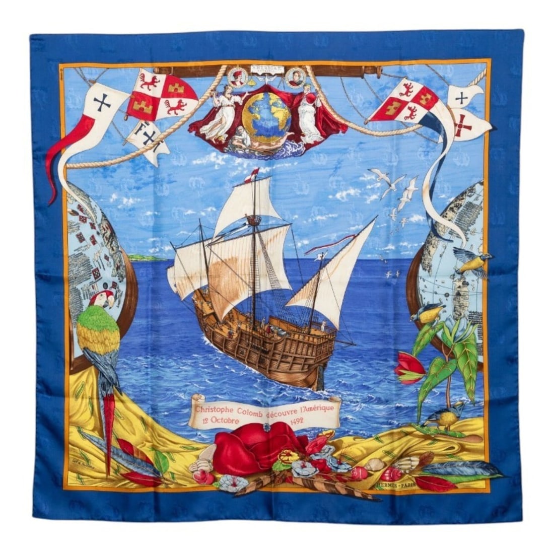 Hermes Carre 90 Christophe Colomb Discovery 1 America 12 October 1492 Scarf Muffler Large Blue: --- Catalog ---Category: SizeSize (LxW): 88cm x 90cm / 34.64'' x 35.43''Category: DesignType: ScarfColor: Blue, Multi-colorGender: WomenMaterial: Silk Category: GeneralBrand: Hermes--- Item List ---Se