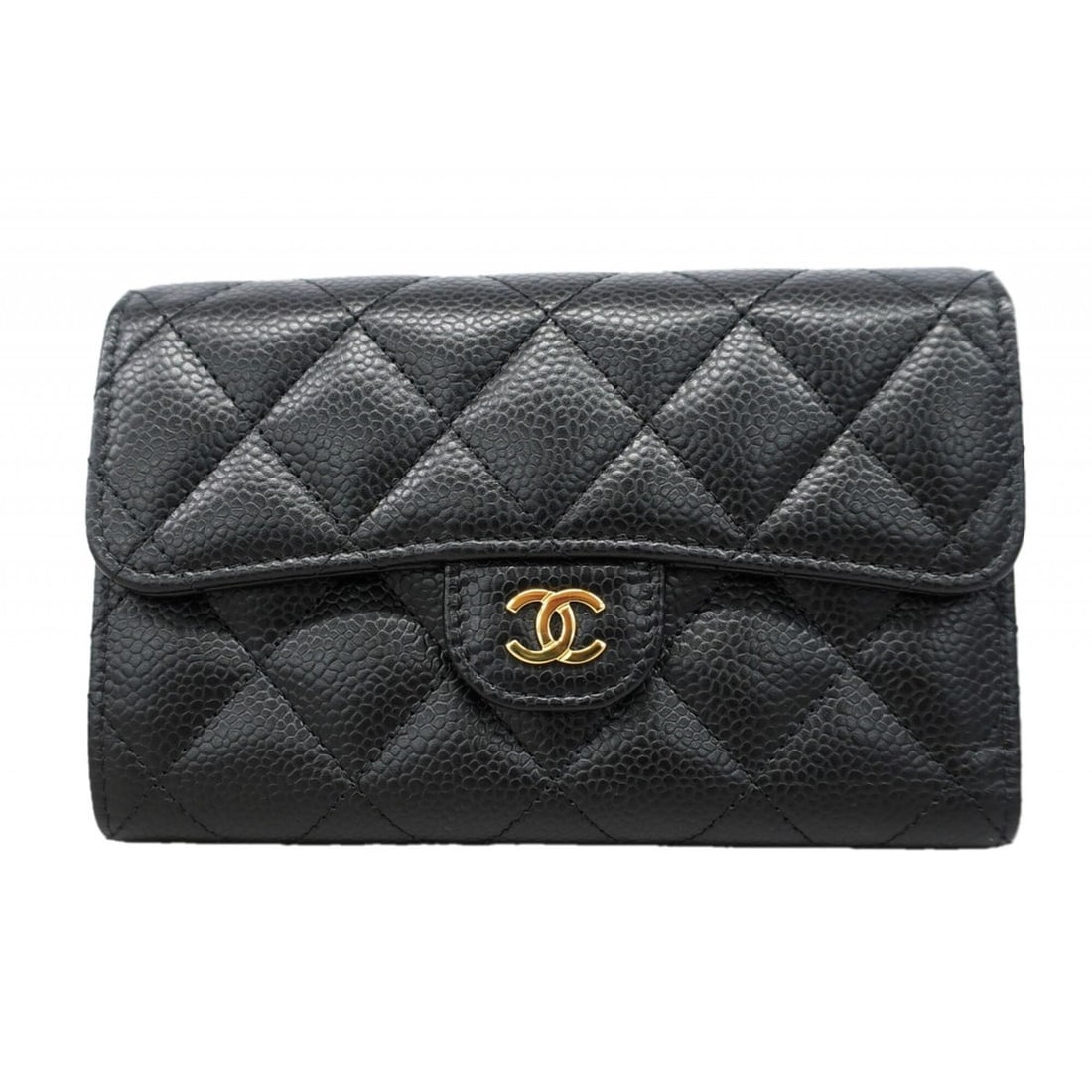 Chanel Tri-fold Wallet, Matelassé Caviar Leather, Black, Women's, P3177389: --- Catalog ---Category: SizeSize (HxWxD): 9.5cm x 15cm x 3.5cm / 3.74'' x 5.9'' x 1.37''Category: DesignType: Wallet (tri-fold)Color: BlackGender: WomenMaterial: Grained Calfskin Category: GeneralBra