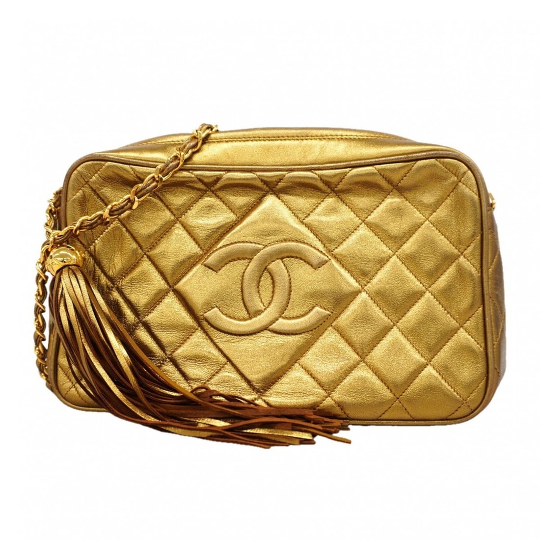 Chanel Matelassé Shoulder Bag with Chain Strap, Lambskin, Gold, Women's, P3148994: --- Catalog ---Category: SizeSize (HxWxD): 15.5cm x 24cm x 7cm / 6.1'' x 9.44'' x 2.75''Category: DesignType: Shoulder bagColor: GoldGender: WomenMaterial: Leather Hardware Color: GoldLeather/Fur Type