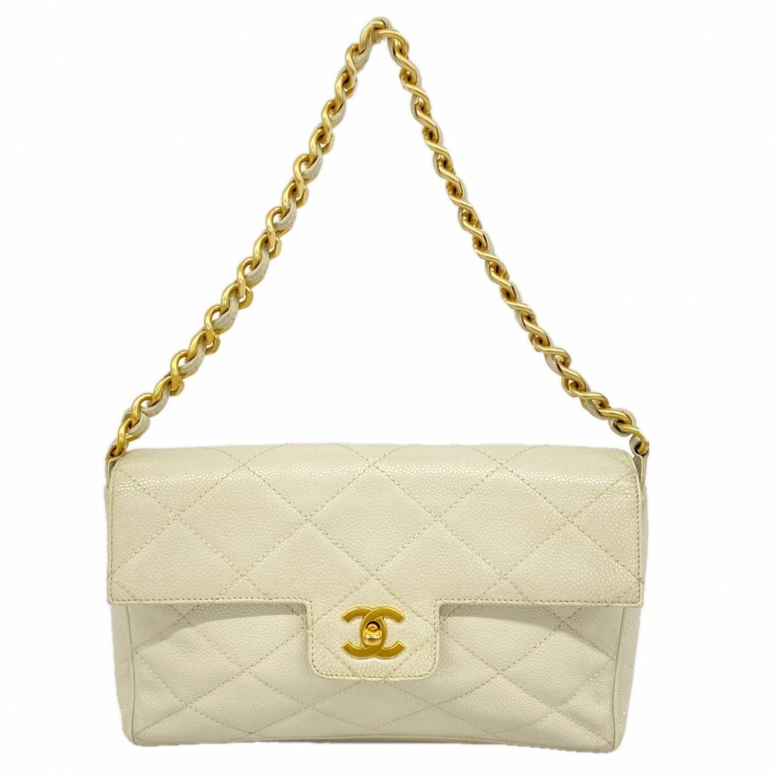 Chanel Matelassé handbag, caviar leather, white, women's, P3122709: --- Catalog ---Category: SizeSize (HxWxD): 18cm x 25.5cm x 4.5cm / 7.08'' x 10.03'' x 1.77''Category: DesignType: HandbagColor: WhiteGender: WomenMaterial: Grained Calfskin Hardware Color: GoldCategor