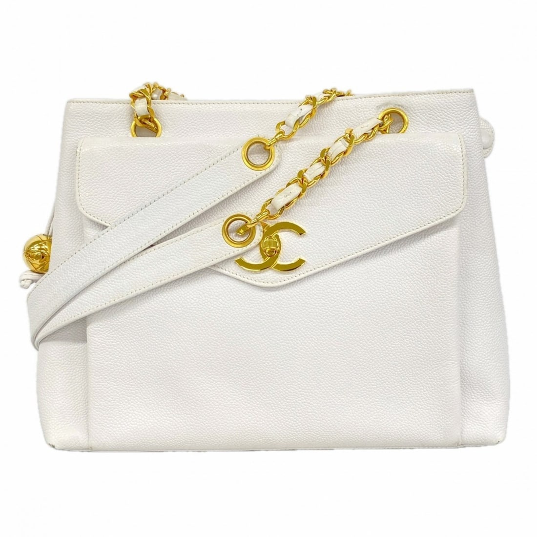 Chanel Chain Tote Bag, Caviar Leather, White, Women's, P3112537: --- Catalog ---Category: SizeSize (HxWxD): 24.5cm x 30.5cm x 8cm / 9.64'' x 12'' x 3.14''Category: DesignType: Tote bagColor: WhiteGender: WomenMaterial: Grained Calfskin Hardware Color: GoldCategory: