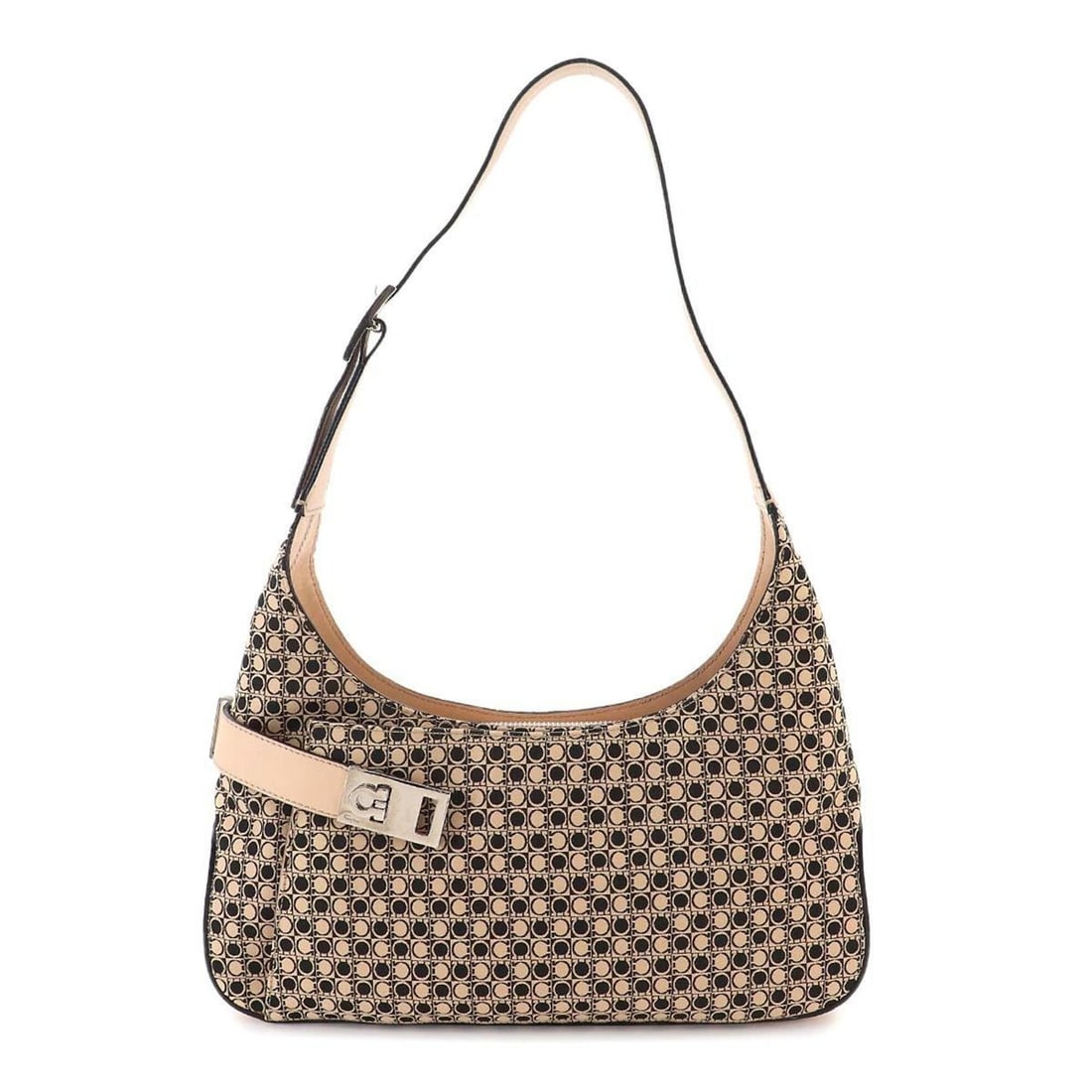 Salvatore Ferragamo Gancini Shoulder Handbag, Canvas and Leather, Beige Black, AQ-21 0201 Bag: --- Catalog ---Category: SizeSize (HxWxD): 21cm x 30cm x 6cm / 8.26'' x 11.81'' x 2.36''Category: DesignType: Handbag, Shoulder bagColor: Beige, BlackGender: WomenMaterial: Canvas , Leather Category: 