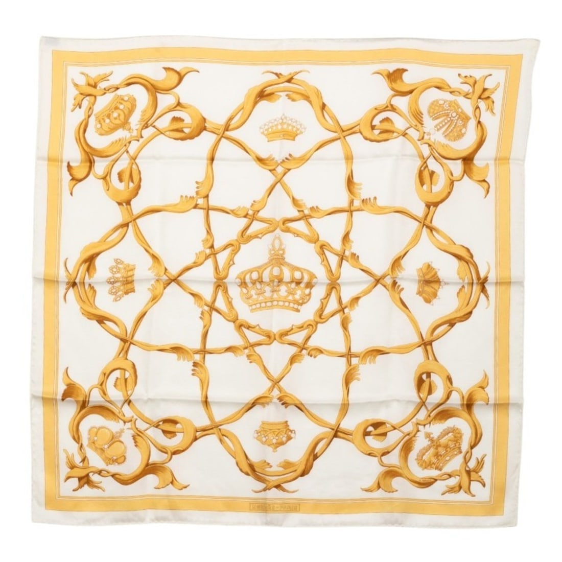 Hermes Carre 70 Couronnes Crown Scarf/Muffler, White/Yellow Silk, Women's.: --- Catalog ---Category: SizeSize (LxW): 65cm x 65cm / 25.59'' x 25.59''Category: DesignType: ScarfColor: White, YellowGender: WomenMaterial: Silk Category: GeneralBrand: Hermes--- Item List ---Sectio