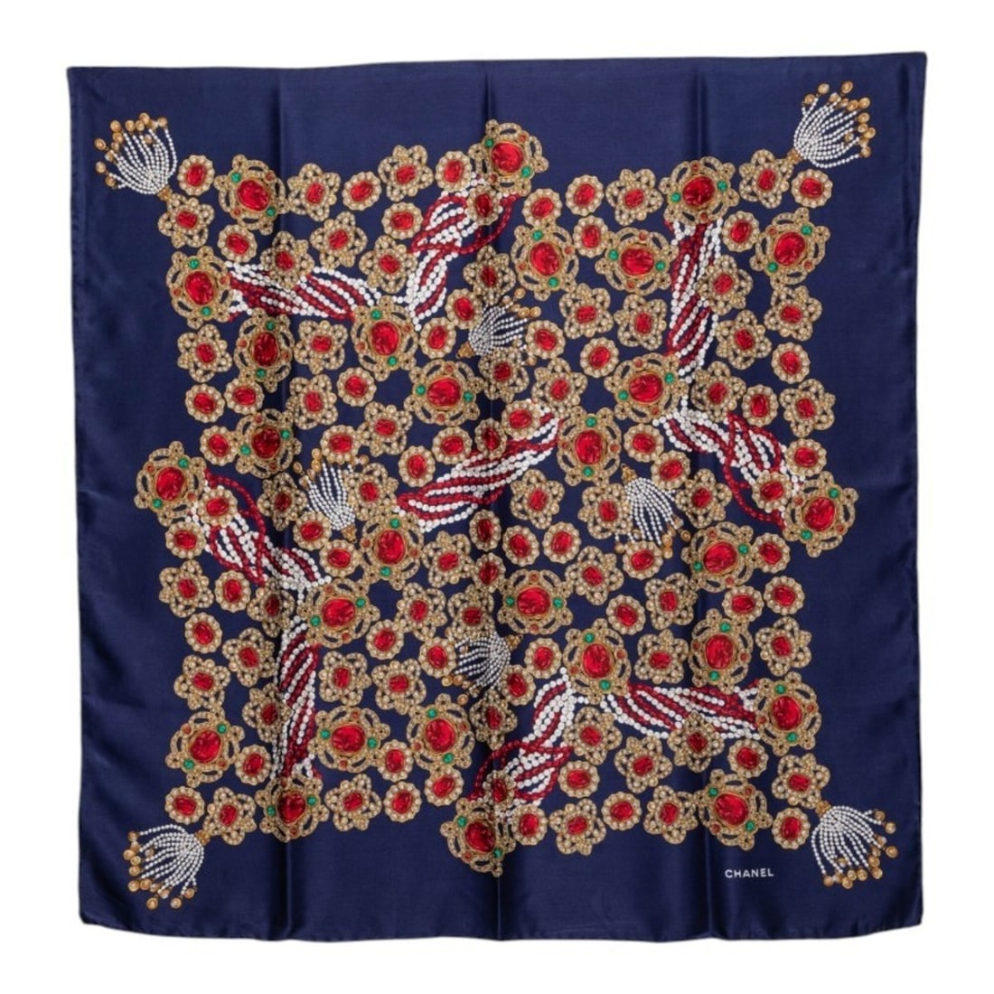 Chanel jewel motif scarf/muffler, large size, navy/multicolor silk, women's.: --- Catalog ---Category: SizeSize (LxW): 86cm x 87cm / 33.85'' x 34.25''Category: DesignType: ScarfColor: Multi-color, NavyGender: WomenMaterial: Silk blend Category: GeneralBrand: Chanel--- Item List