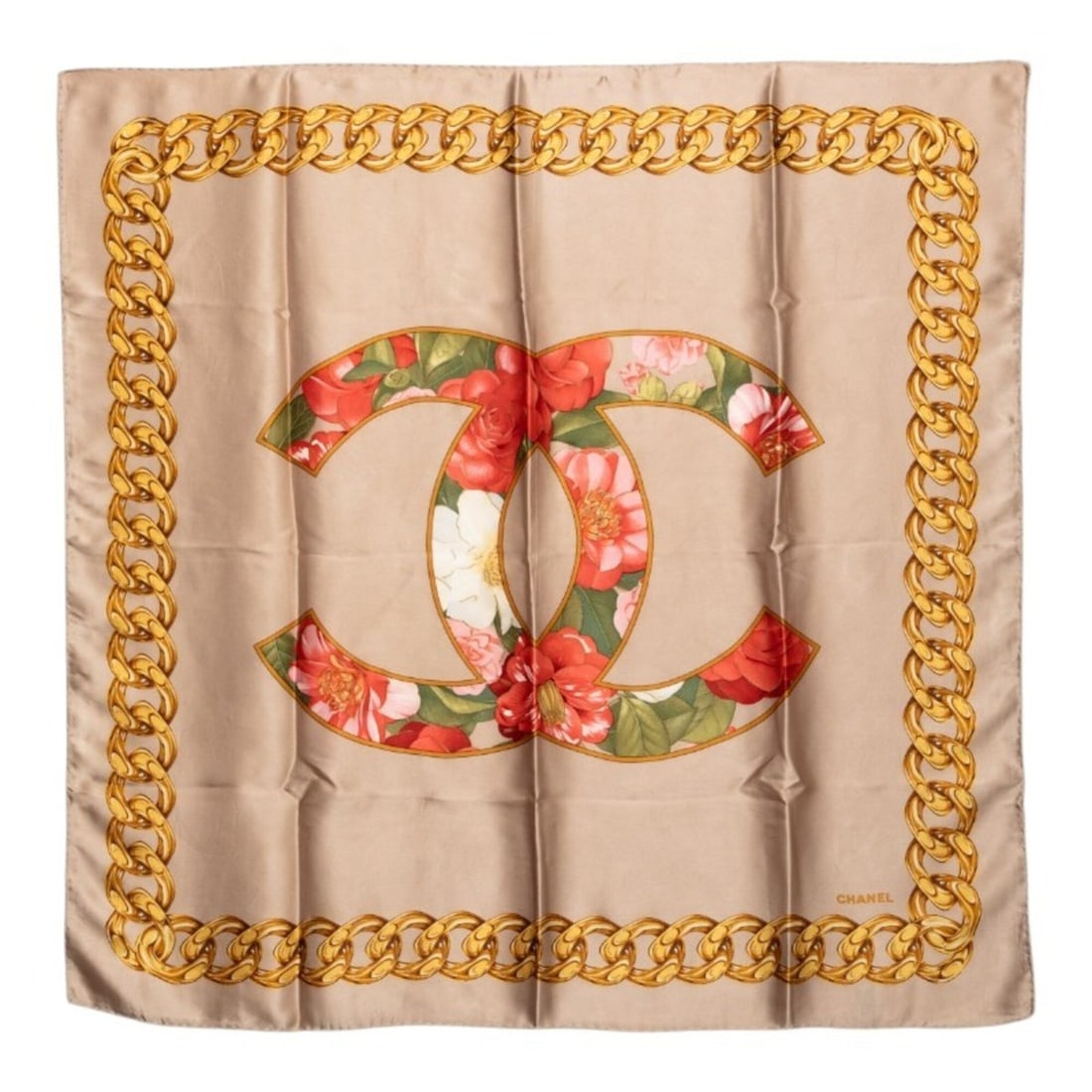 Chanel Coco Mark Floral Chain Scarf/Muffler, Large Size, Beige/Multicolor Silk, Women's. (1 of 13)