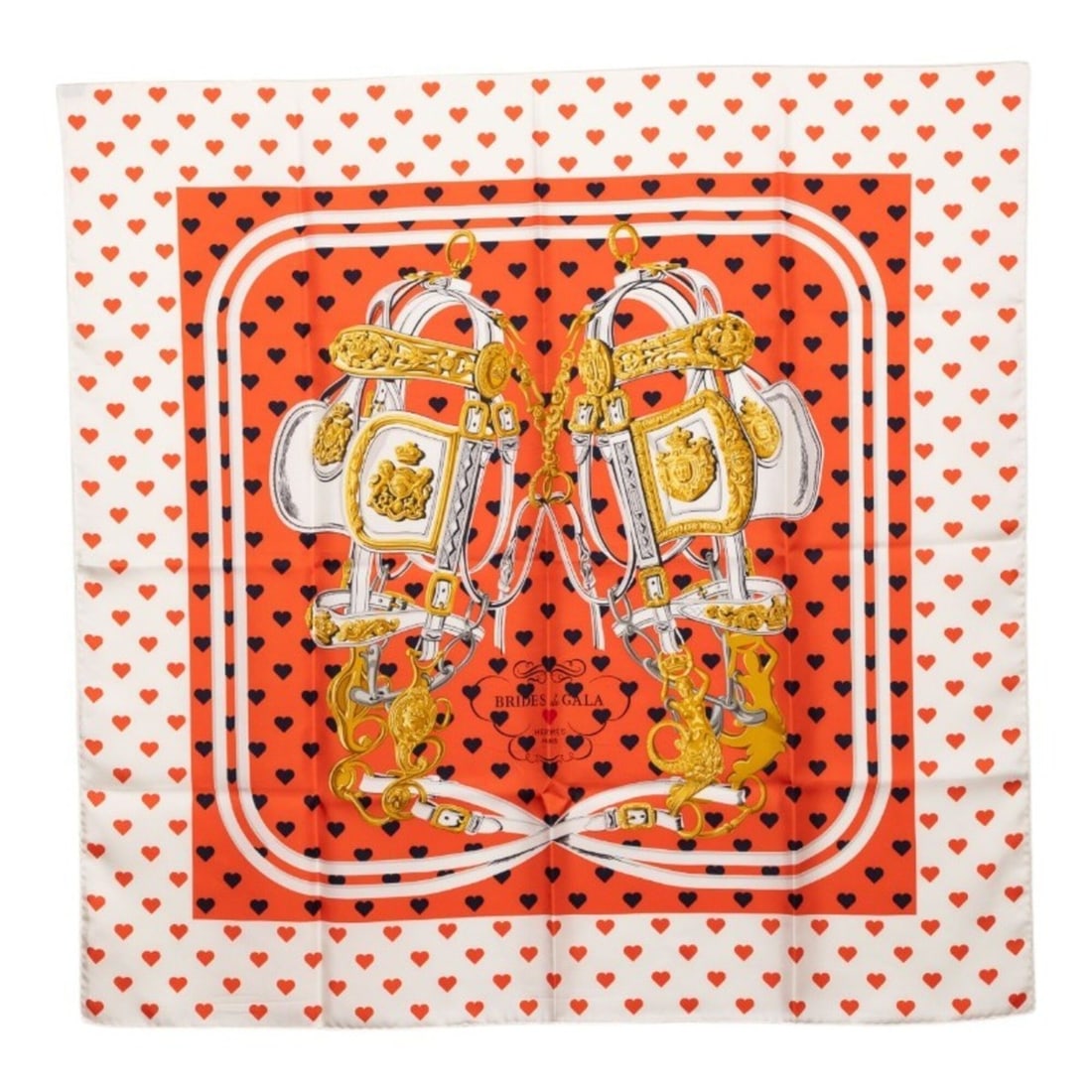 Hermes Carre 90 BRIDES de GALA Ceremonial Bridle Scarf/Muffler, Large Size, Orange/Multicolor Silk,: --- Catalog ---Category: SizeSize (LxW): 87cm x 89cm / 34.25'' x 35.03''Category: DesignType: ScarfColor: Multi-color, OrangeGender: WomenMaterial: Silk Category: GeneralBrand: Hermes--- Item List ---