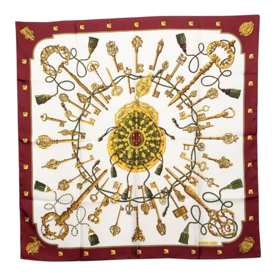 Hermes Carre 90 LES CLES Key Scarf Muffler Red Multicolor Silk Women's HERMES: --- Catalog ---Category: SizeSize (LxW): 88cm x 88.5cm / 34.64'' x 34.84''Category: DesignType: ScarfColor: Multi-color, Red colorGender: WomenMaterial: Silk Category: GeneralBrand: Hermes--- Item Lis