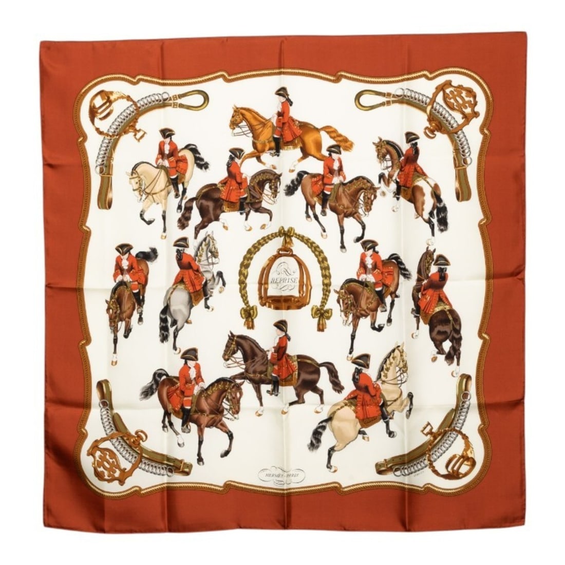 Hermes Carre 90 REPRISE Equestrian Scene Scarf/Muffler, Brown Multicolor Silk, Women's: --- Catalog ---Category: SizeSize (LxW): 88cm x 88cm / 34.64'' x 34.64''Category: DesignType: ScarfColor: Brown, Multi-colorGender: WomenMaterial: Silk Category: GeneralBrand: Hermes--- Item List ---S