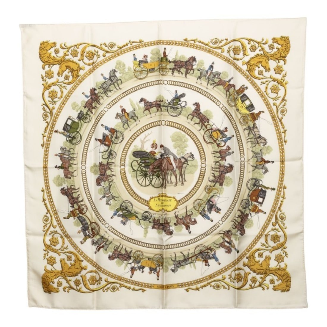 Hermes Carre 90 LA PROMENADE DE LONGCHAMPS (A Walk to Longchamp) Scarf/Muffler, Large Size,: --- Catalog ---Category: SizeSize (LxW): 90cm x 89cm / 35.43'' x 35.03''Category: DesignType: ScarfColor: Ivory, Multi-colorGender: WomenMaterial: Silk Category: GeneralBrand: Hermes--- Item List ---S