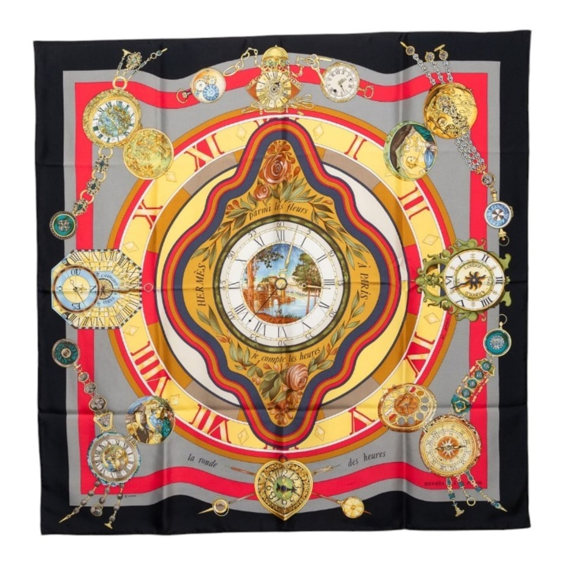Hermes Carre 90 La Ronde des Heures (The Dance of Time) Scarf/Muffler, Large, Multicolored, Silk,: --- Catalog ---Category: SizeSize (LxW): 88cm x 89cm / 34.64'' x 35.03''Category: DesignType: ScarfColor: Multi-colorGender: WomenMaterial: Silk Category: GeneralBrand: Hermes--- Item List ---Section:
