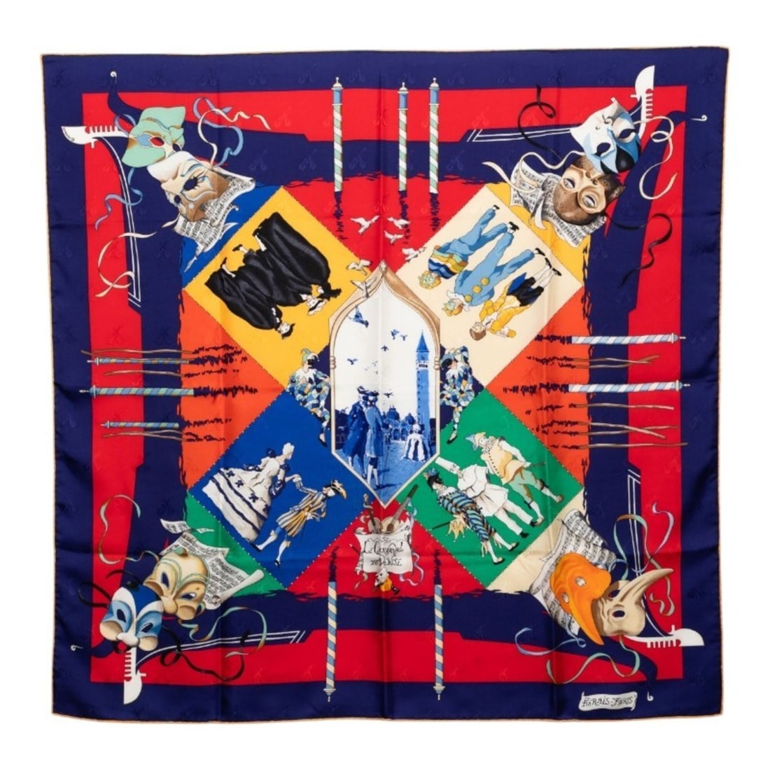 Hermes Carre 90 Carnival de Venice Scarf/Muffler, Large, Multicolored, Silk, Women's: --- Catalog ---Category: SizeSize (LxW): 88cm x 89cm / 34.64'' x 35.03''Category: DesignType: ScarfColor: Multi-colorGender: WomenMaterial: Silk Category: GeneralBrand: Hermes--- Item List ---Section: