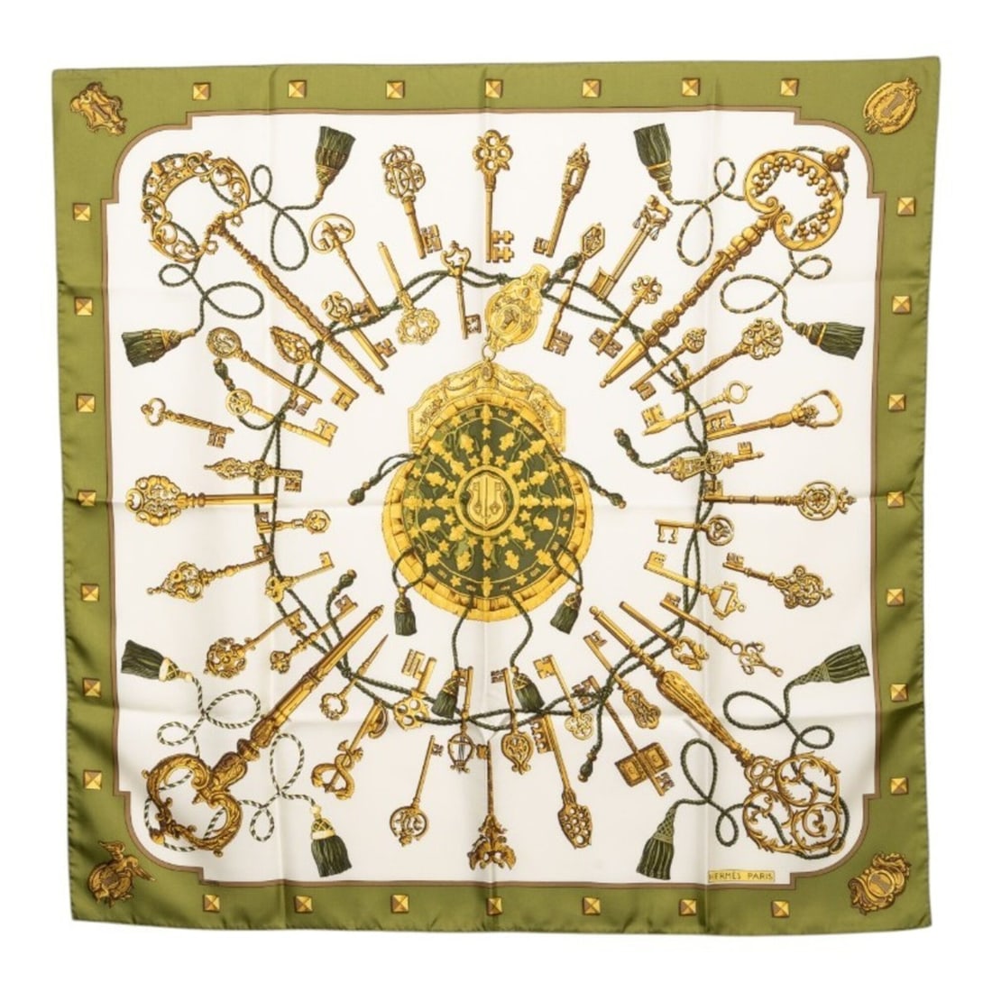 Hermes Carre 90 LES CLES Key Scarf Muffler Green Multicolor Silk Women's HERMES: --- Catalog ---Category: SizeSize (LxW): 87cm x 89cm / 34.25'' x 35.03''Category: DesignType: ScarfColor: Green, Multi-colorGender: WomenMaterial: Silk Category: GeneralBrand: Hermes--- Item List ---S