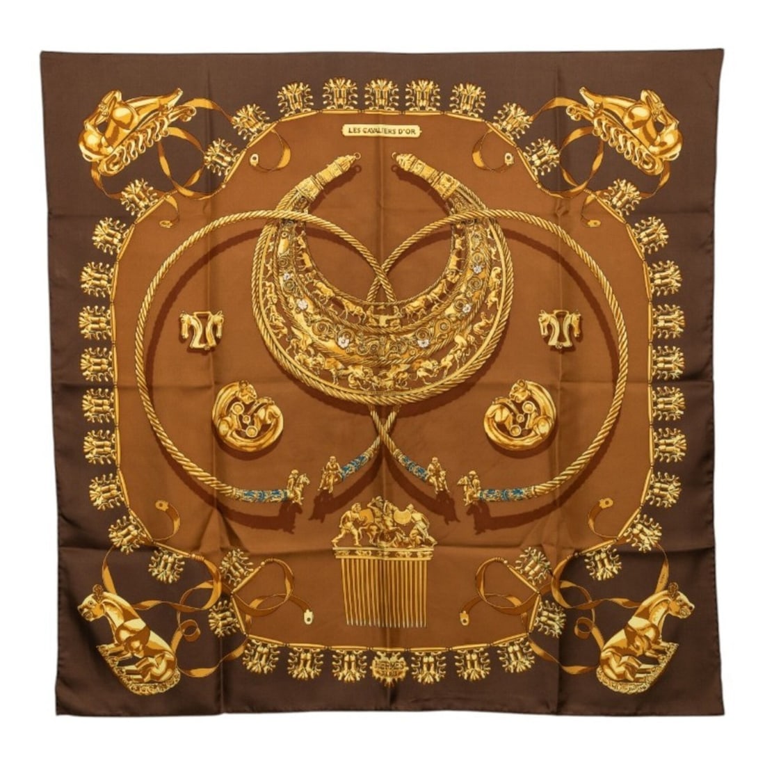 Hermes Carre 90 LES CAVALIERS D'OR (Golden Knights) Scarf/Muffler, Large Size, Brown/Multicolor: --- Catalog ---Category: SizeSize (LxW): 87cm x 90cm / 34.25'' x 35.43''Category: DesignType: ScarfColor: Brown, Multi-colorGender: WomenMaterial: Silk Category: GeneralBrand: Hermes--- Item List ---S