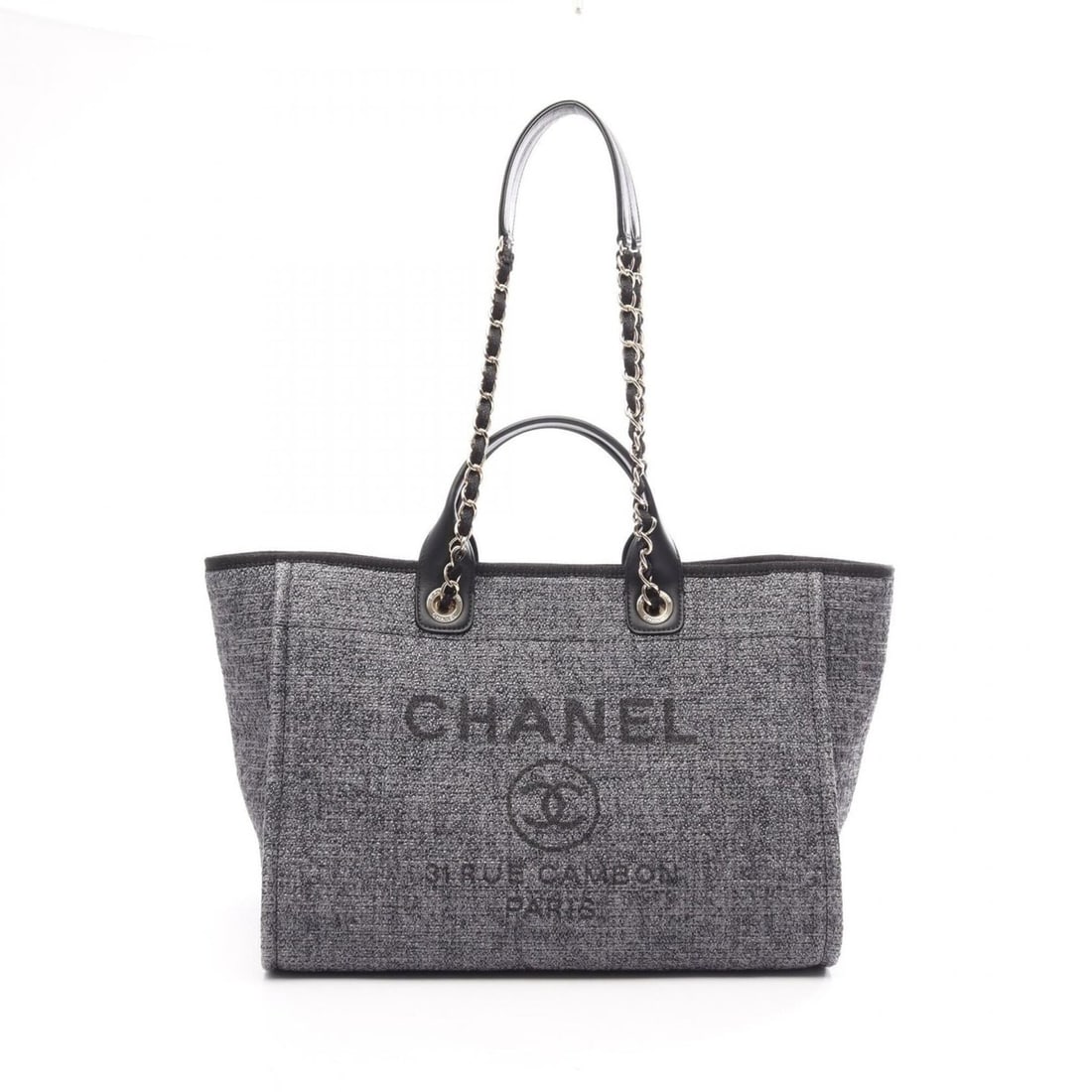 Chanel Deauville 2-Way Tote Bag/Handbag, Canvas and Leather, Women's, Gray/Black, A66941: --- Catalog ---Category: SizeSize (HxWxD): 29cm x 38cm x 19cm / 11.41'' x 14.96'' x 7.48''Category: DesignType: Handbag, Tote bagColor: Black, GrayGender: WomenMaterial: Canvas , Leather Hardware Colo