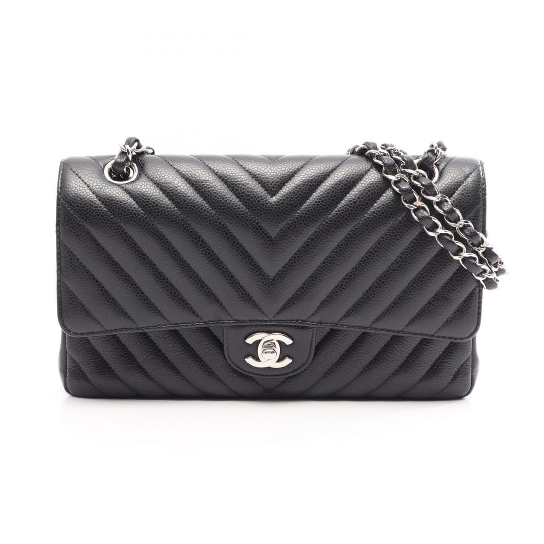 Chanel Chevron V-stitch Double Flap Shoulder Bag/Handbag, Caviar Leather (Grained Calfskin),: --- Catalog ---Category: SizeSize (HxWxD): 15cm x 25cm x 6.5cm / 5.9'' x 9.84'' x 2.55''Category: DesignType: Handbag, Shoulder bagColor: BlackGender: WomenMaterial: Grained Calfskin Hardware Color: S