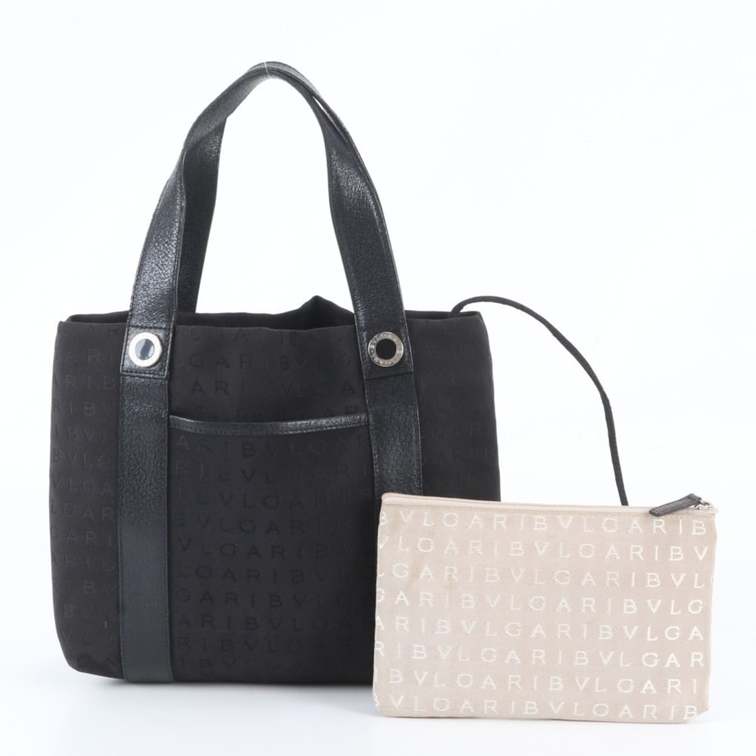 Bvlgari Logomania Leather Tote Bag with Pouch, Shoulder Bag, Black, Women's: --- Catalog ---Category: SizeSize (HxWxD): 22cm x 27cm x 10cm / 8.66'' x 10.62'' x 3.93''Category: DesignType: Handbag, Pouch, Tote bagColor: BlackGender: WomenMaterial: Leather , Canvas Category: Gen