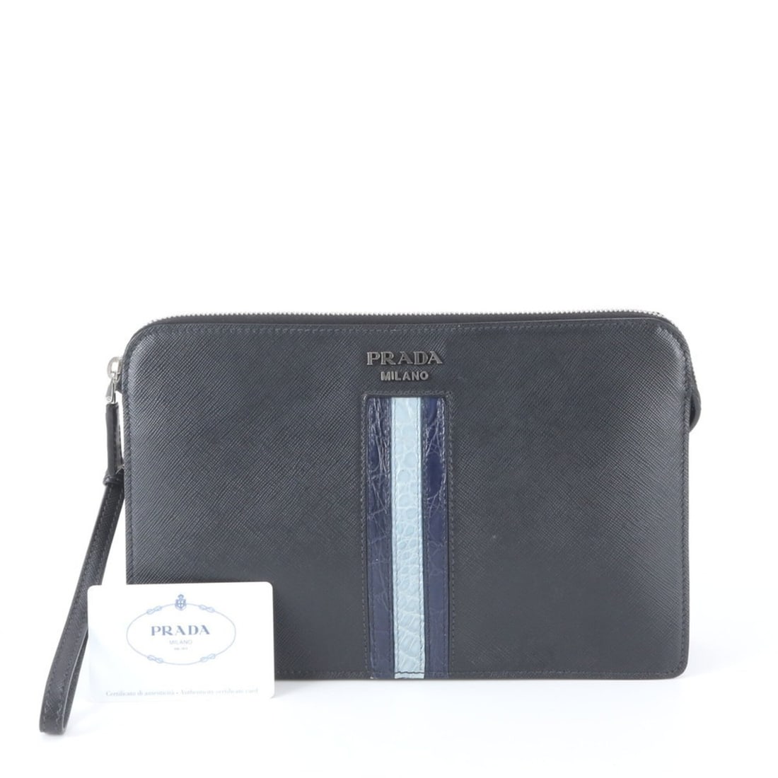Prada Saffiano Leather Second Bag Clutch Handbag Pouch (2VF056) with Guarantee Card - Black Men's: --- Catalog ---Category: SizeSize (HxWxD): 17cm x 27cm x 6cm / 6.69'' x 10.62'' x 2.36''Category: DesignType: Handbag, PouchColor: BlackGender: MenMaterial: Leather Category: GeneralMPN: 2VF056Brand: 