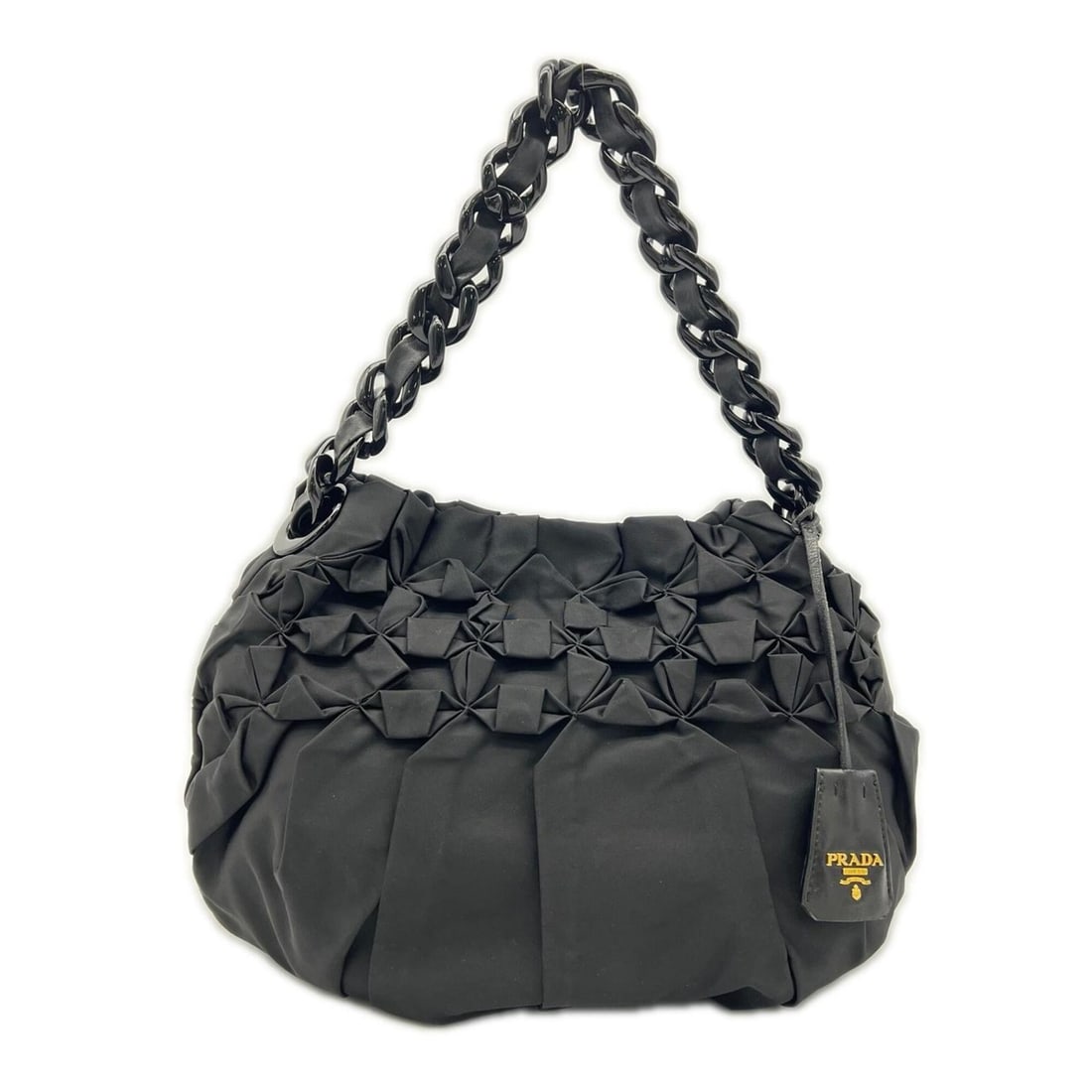 PRADA Prada Nylon Triangle Logo Frill Plastic Chain Handbag Black Leather Women's: --- Catalog ---Category: SizeSize (HxWxD): 26cm x 37.5cm x 18cm / 10.23'' x 14.76'' x 7.08''Strap Length: 51cm / 20.07''Category: DesignType: HandbagColor: BlackGender: WomenClosure: MagnetMaterial: N