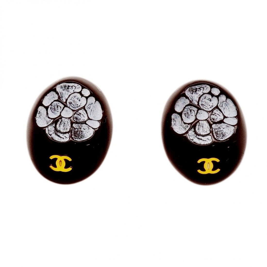 Chanel Earrings, Coco Mark, Camellia, GP Plated Plastic, Gold, White, Black, Women's: --- Catalog ---Category: SizeSize (HxWxD): 19.80mm x 15.60mm / 0.78'' x 0.61''Category: DesignType: Clip earringsColor: Black, Gold, WhiteGender: WomenMaterial: Gold plating, PlasticCategory: GeneralB