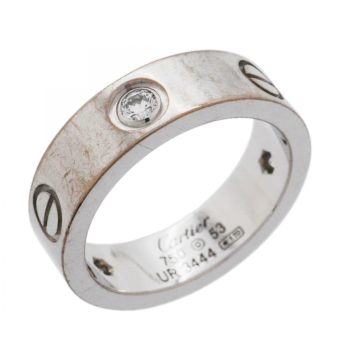 Cartier Love Ring, 3PD, 18K White Gold, Diamond, Size #53, Ladies, OP011209: --- Catalog ---Category: SizeUS Size: 6.5Brand Size: 53Category: DesignType: Band ringStone: DiamondGender: WomenMaterial: White gold (18K)Category: GeneralBrand: Cartier--- Item List ---Section: Cond