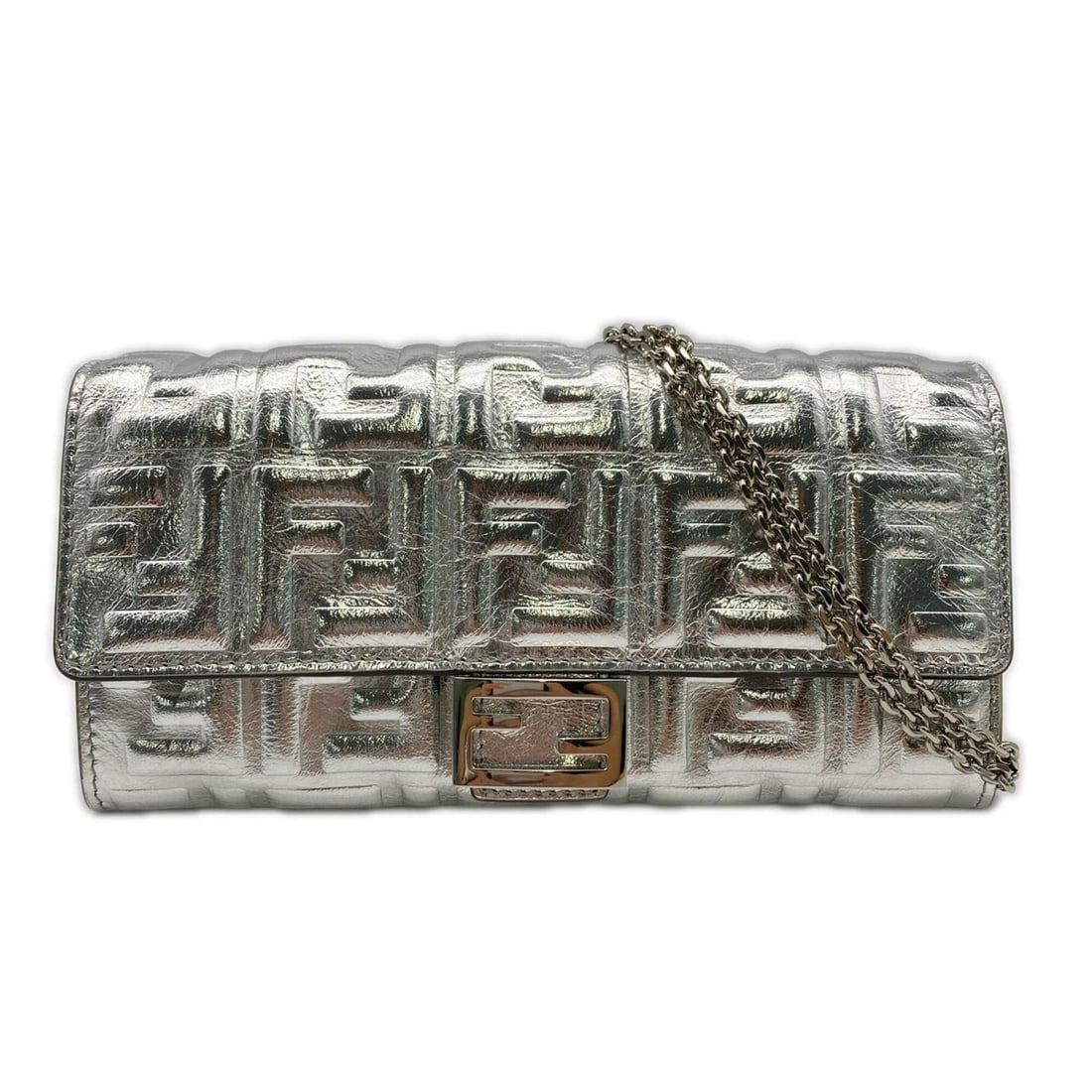 FENDI Zucca Chain Wallet 8M0365 Shoulder Bag, Silver Calf Leather, Women's: --- Catalog ---Category: SizeSize (HxWxD): 9cm x 19cm x 2.5cm / 3.54'' x 7.48'' x 0.98''Strap / Chain Length: 1.19m / 46.85''Category: DesignType: Chain/Shoulder walletColor: SilverGender: WomenClosur