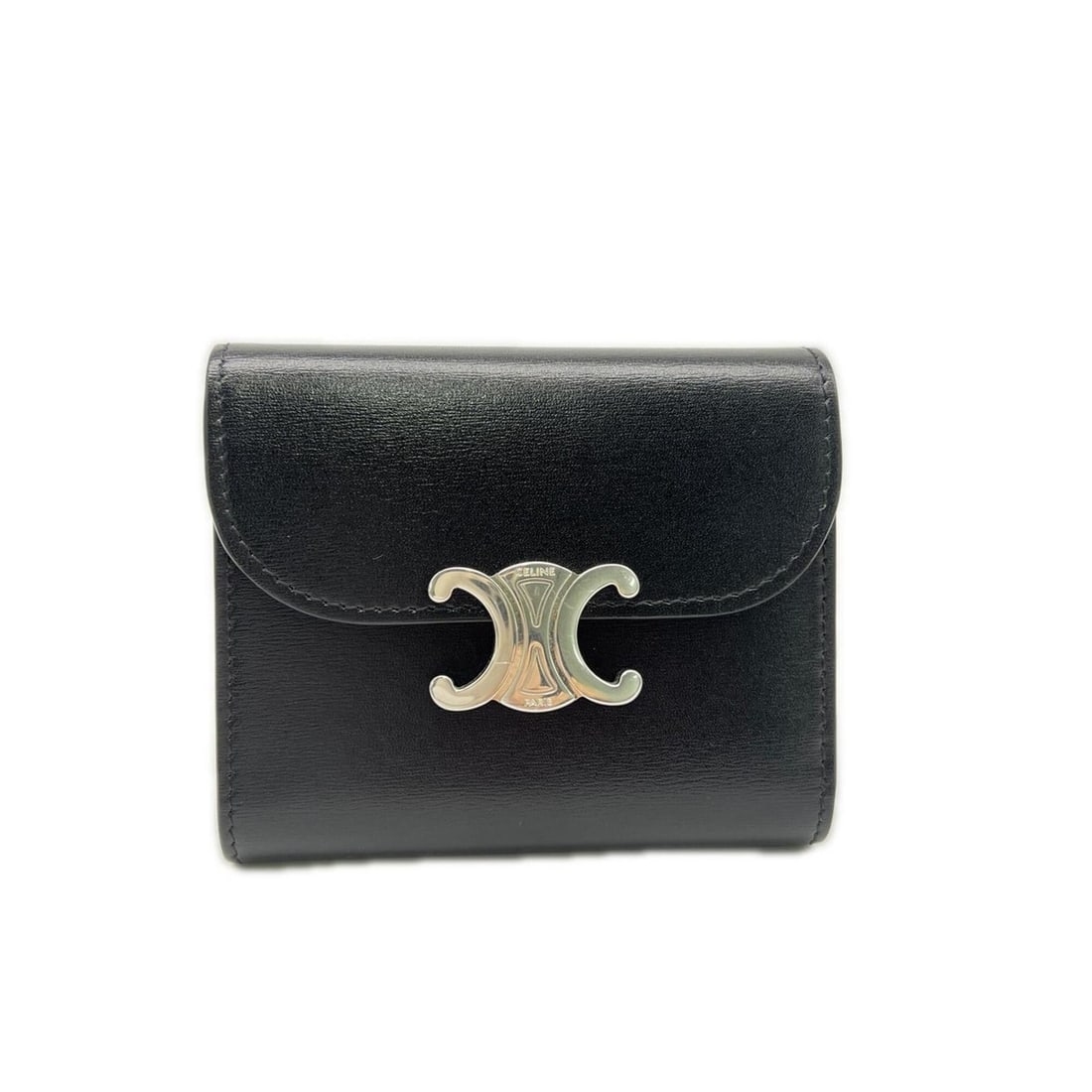 CELINE Triomphe Small Flap Wallet 10D783 Tri-fold Black Silver Calf Leather Women's (1 of 18)