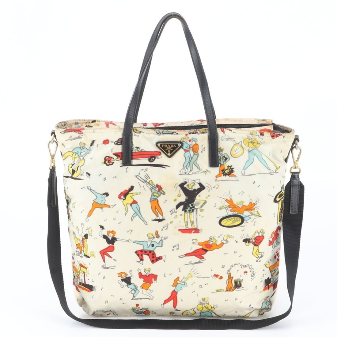 Prada Tessuto Nylon Musical Instrument Motif Print 2-Way Shoulder Bag/Tote Bag for Women: --- Catalog ---Category: SizeSize (HxWxD): 35cm x 34cm x 10cm / 13.77'' x 13.38'' x 3.93''Category: DesignType: Shoulder bag, Tote bagColor: BeigeGender: WomenMaterial: Nylon , Leather Category: Gener