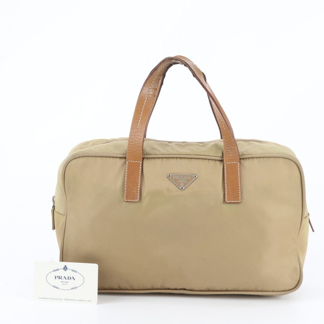 Prada Tessuto Nylon Triangle Logo Handbag/Tote Bag (BN0327) with Guarantee Card - Women's: --- Catalog ---Category: SizeSize (HxWxD): 19cm x 32cm x 10cm / 7.48'' x 12.59'' x 3.93''Category: DesignType: Handbag, Tote bagColor: BeigeGender: WomenMaterial: Nylon , Leather Category: GeneralBran