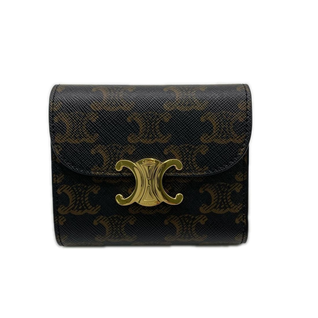 CELINE Triomphe Canvas Small Flap Wallet 10D782 Tri-fold Brown Beige Calf Leather Women's (1 of 17)
